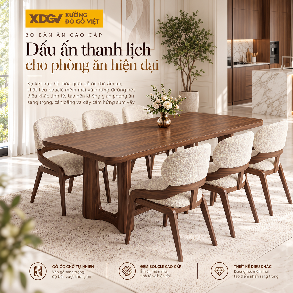 Bộ Bàn Ăn Nhà Bếp Gỗ Óc Chó 100% 6 Ghế Bọc Nệm Sang Trọng