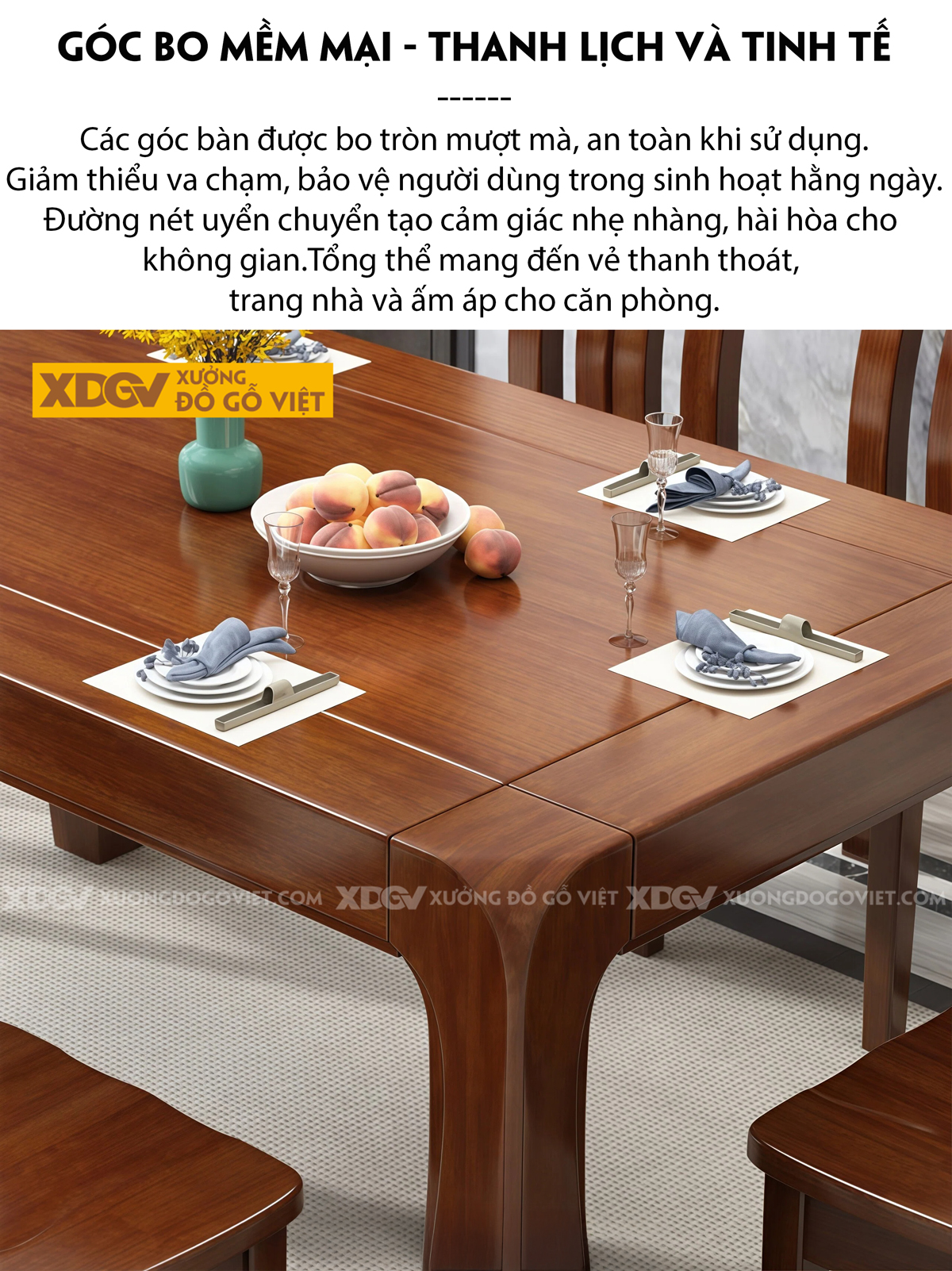 Bộ Bàn Ăn Phòng Bếp Gỗ Căm Xe Thiết Kế Bàn Bo Góc An Toàn