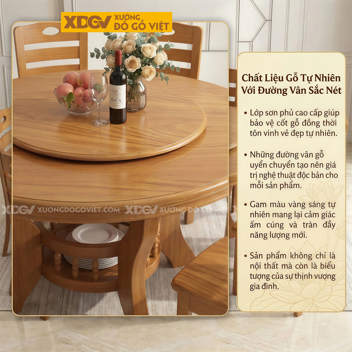 Bộ Bàn Ăn Phòng Bếp Gỗ Gõ Đỏ Mâm Xoay Chân Cong Nghệ Thuật