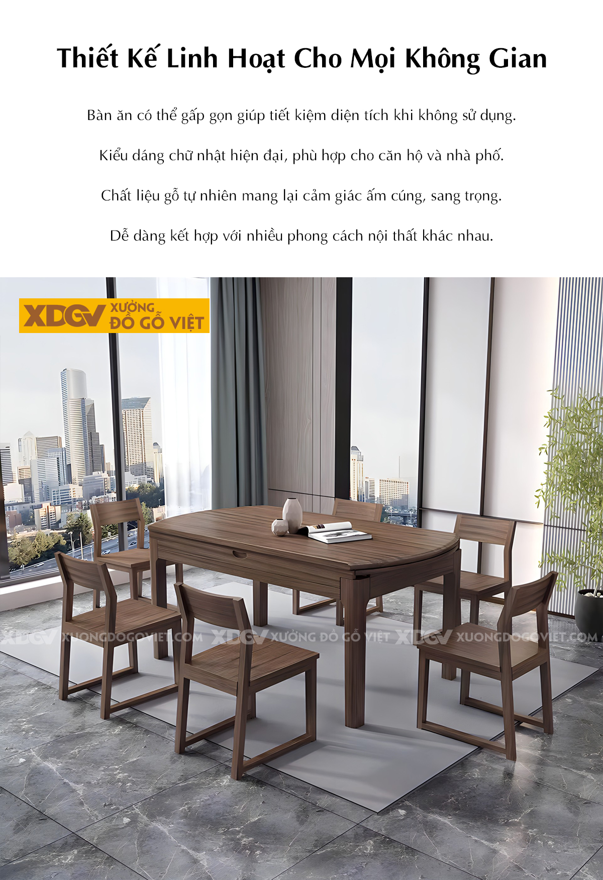 Bộ Bàn Ăn Phòng Bếp Gỗ Óc Chó Cơ Chế Mở Rộng Linh Hoạt