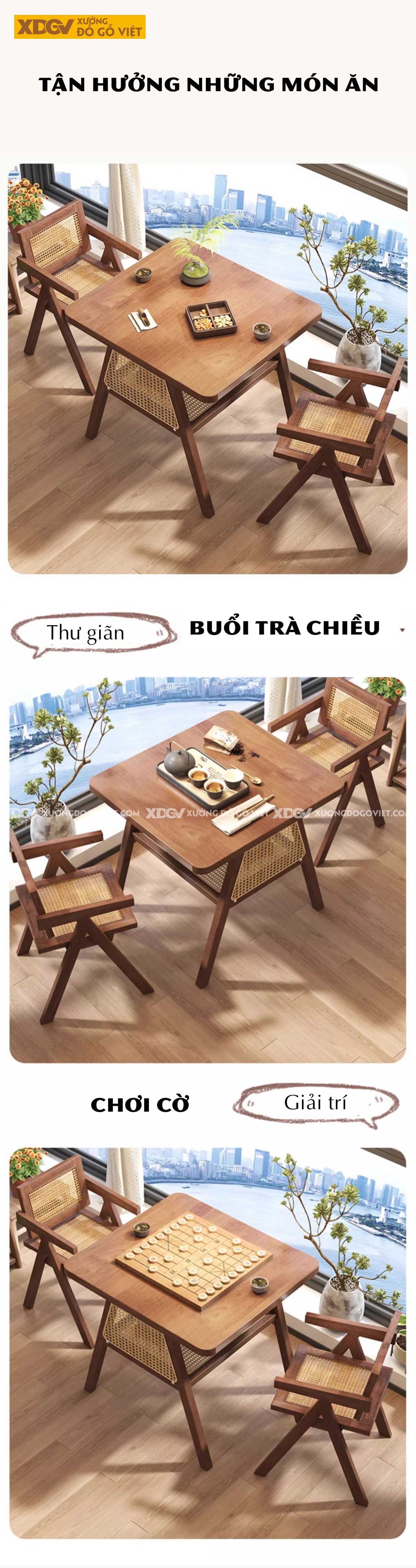 Bộ Bàn Ăn Thông Minh Gỗ Sồi Japandi Ghế Đan Mây Chân Chữ A