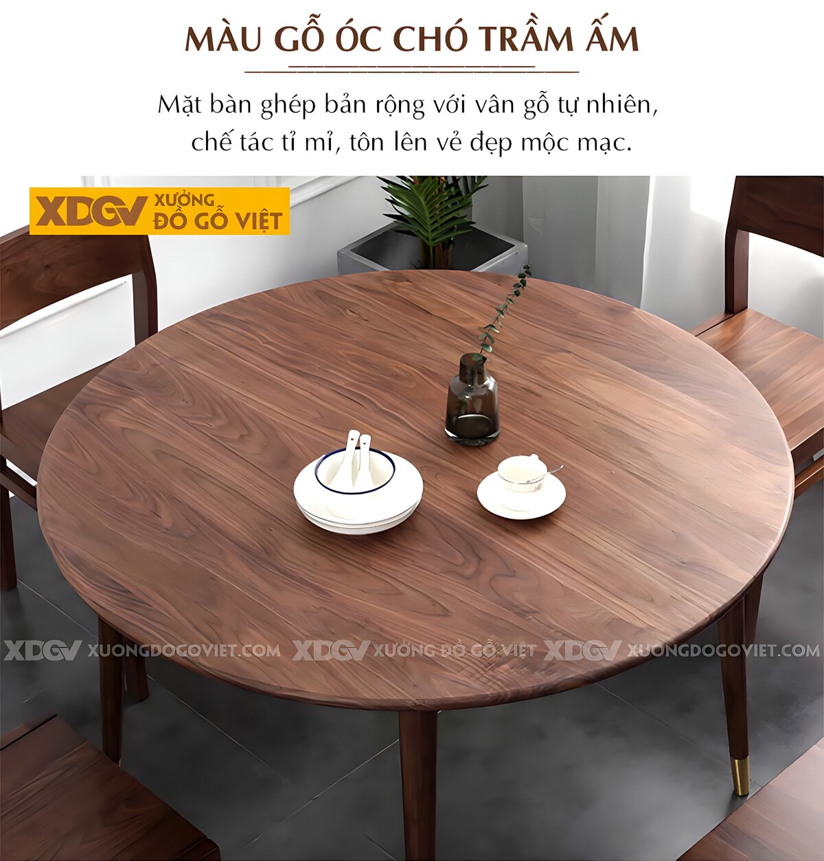 Bộ Bàn Ăn Tròn Gỗ Óc Chó Bắc Âu Tối Giản Chân Bọc Kim Loại
