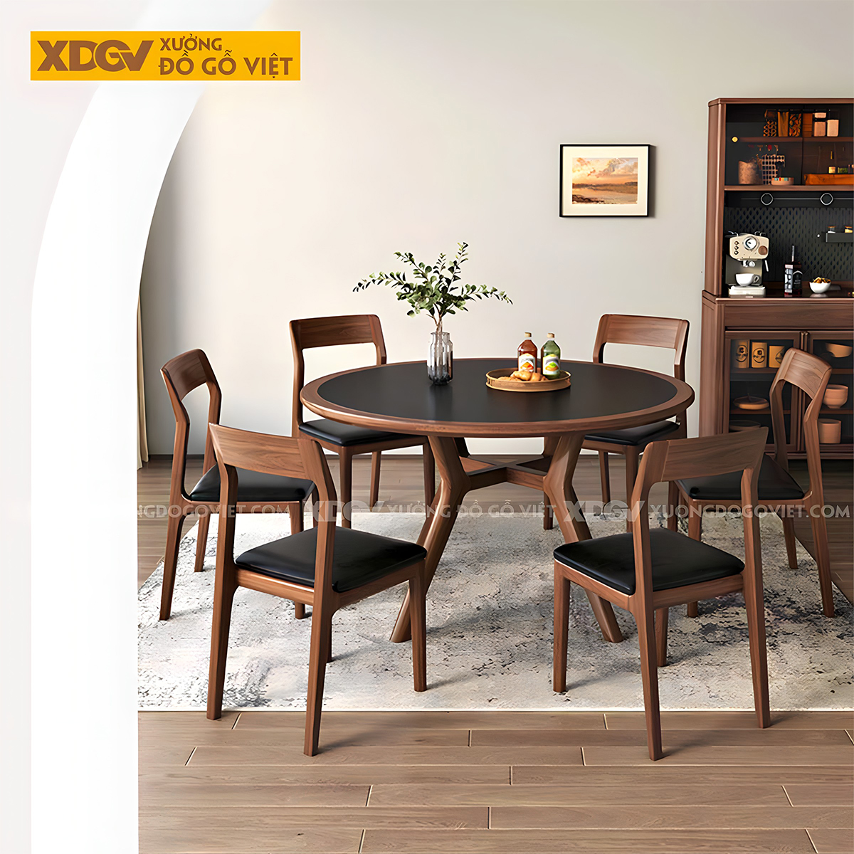 Bộ Bàn Ăn Tròn Gỗ Óc Chó Hiện Đại Điêu Khắc Mặt Đá Nung Đen