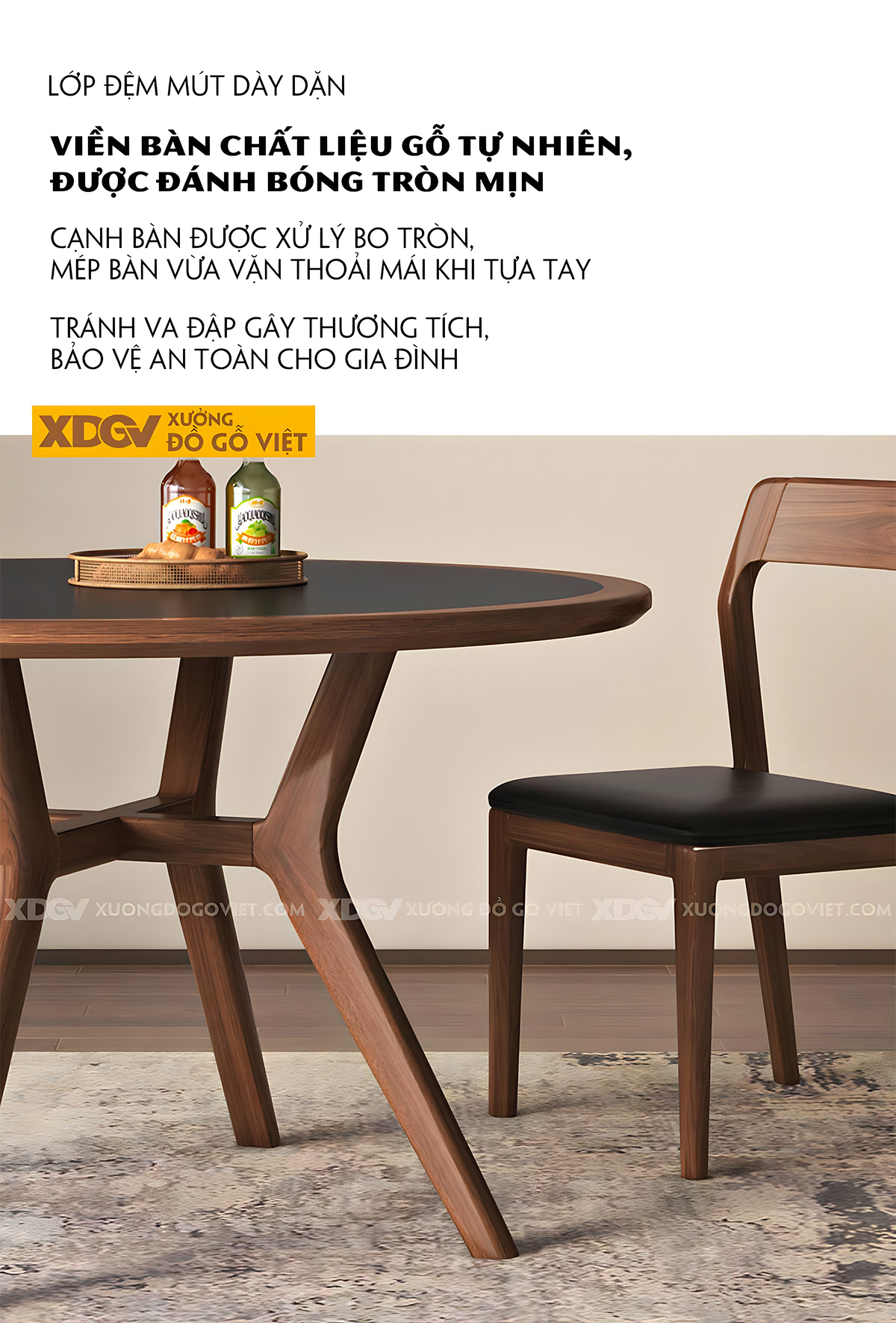 Bộ Bàn Ăn Tròn Gỗ Óc Chó Hiện Đại Điêu Khắc Mặt Đá Nung Đen