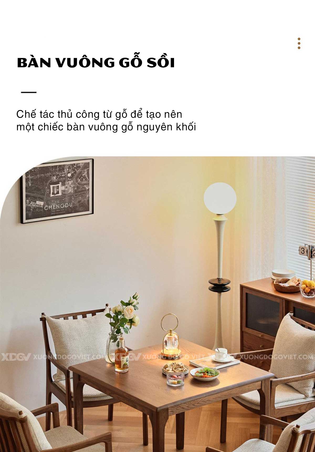 Bộ Bàn Ghế Ăn Gỗ Sồi Vuông 4 Ghế Lưng Nan