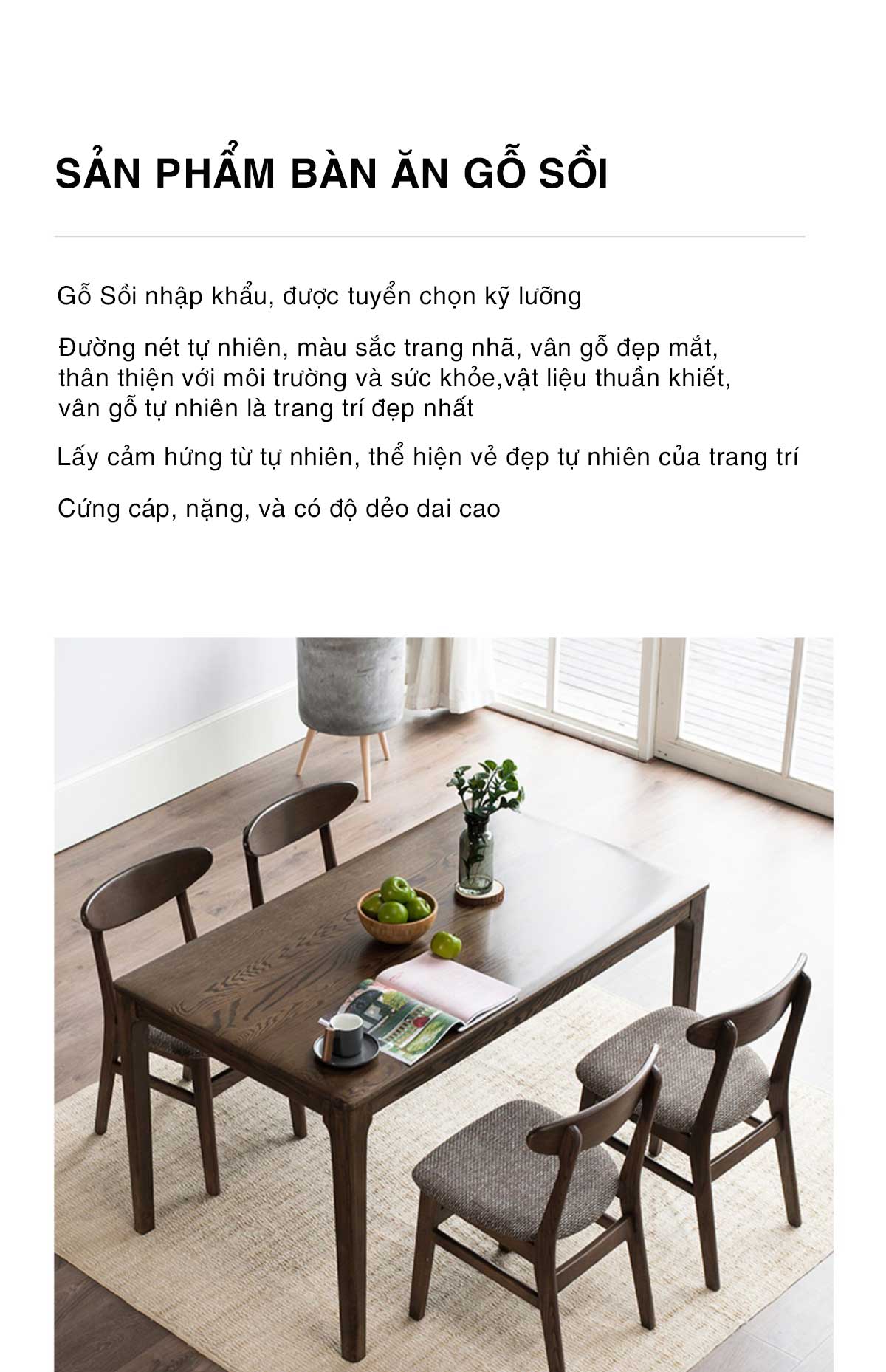 Bộ Bàn Ghế Gỗ Sồi Màu Óc Chó Cổ Điển Ghế Tựa Có Tấm Đệm
