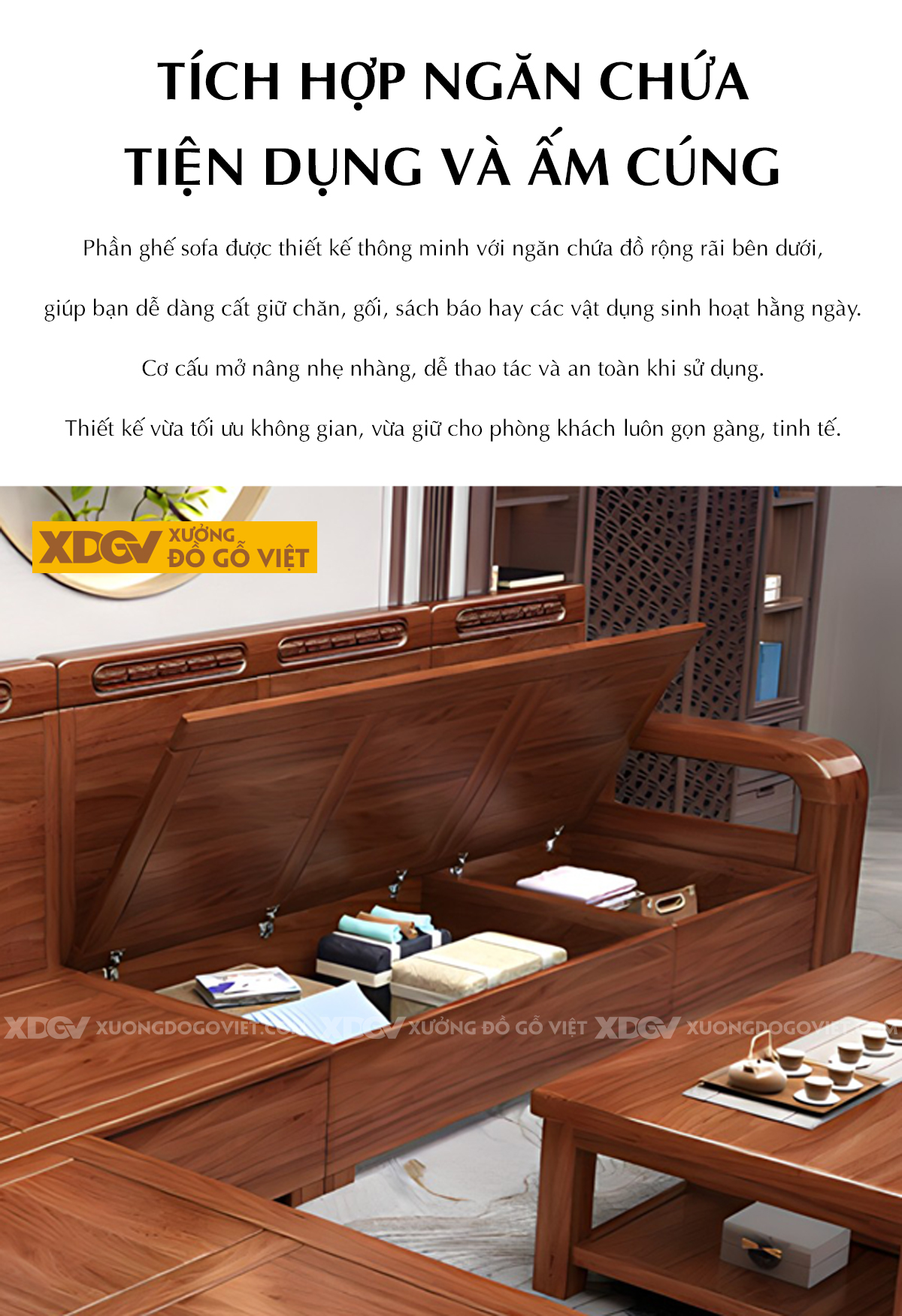 Bộ Bàn Ghế Sofa Căm Xe Tay Vịn Chạm Họa Tiết Có Hộc Đựng