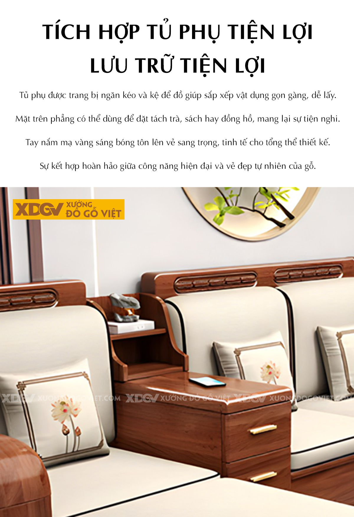 Bộ Bàn Ghế Sofa Căm Xe Tay Vịn Chạm Họa Tiết Có Hộc Đựng
