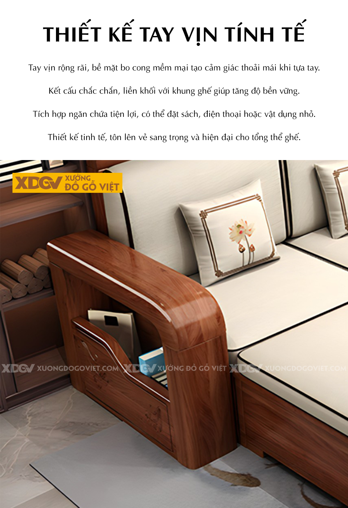 Bộ Bàn Ghế Sofa Căm Xe Tay Vịn Chạm Họa Tiết Có Hộc Đựng