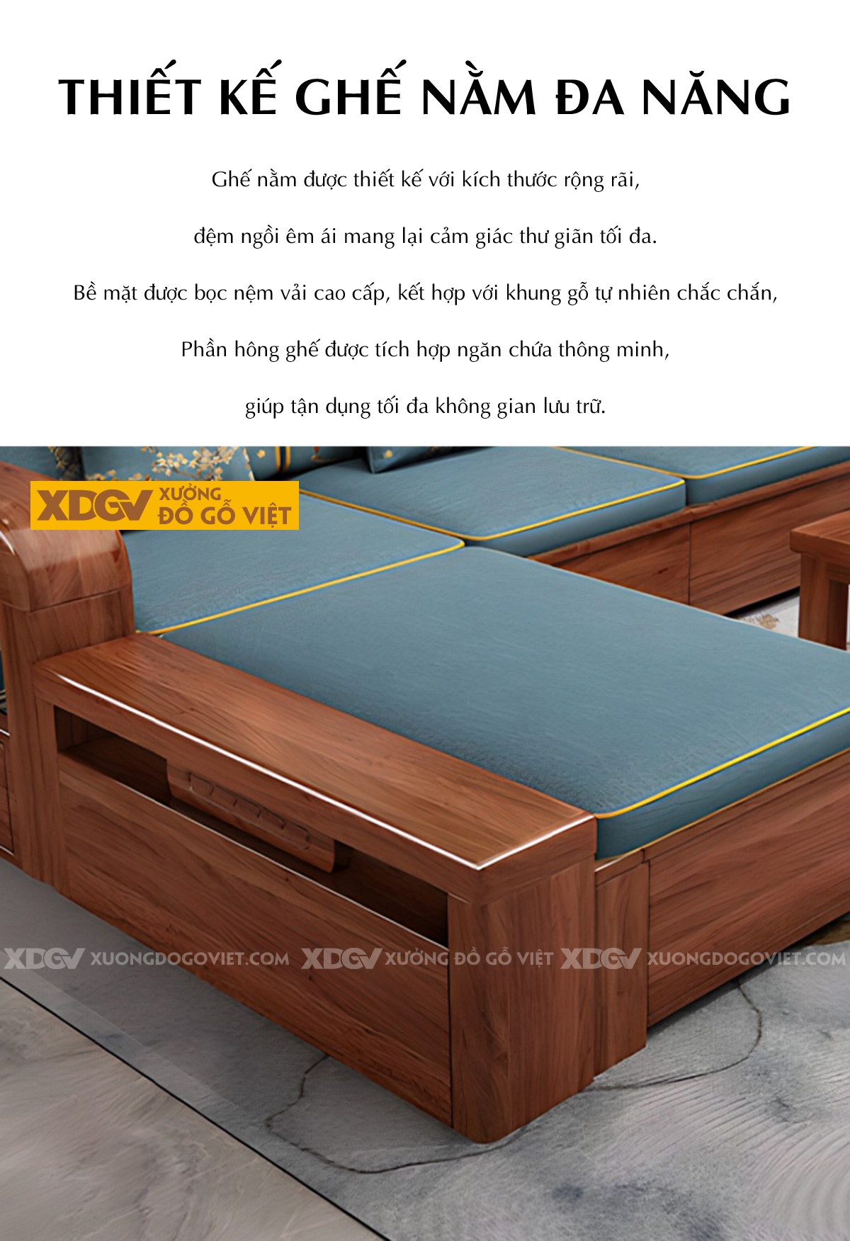 Bộ Bàn Ghế Sofa Căm Xe Tay Vịn Chạm Họa Tiết Có Hộc Đựng