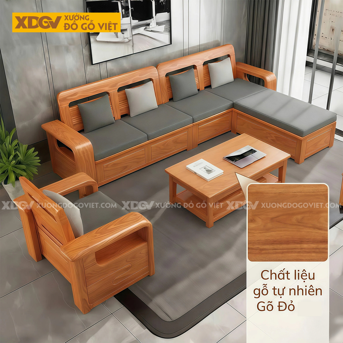 Bộ Bàn Ghế Sofa Gỗ Gõ Đỏ Góc L 4 Món