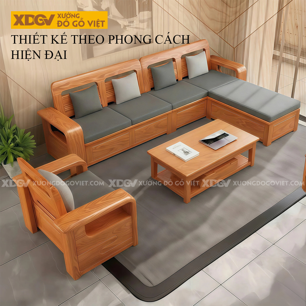 Bộ Bàn Ghế Sofa Gỗ Gõ Đỏ Góc L 4 Món