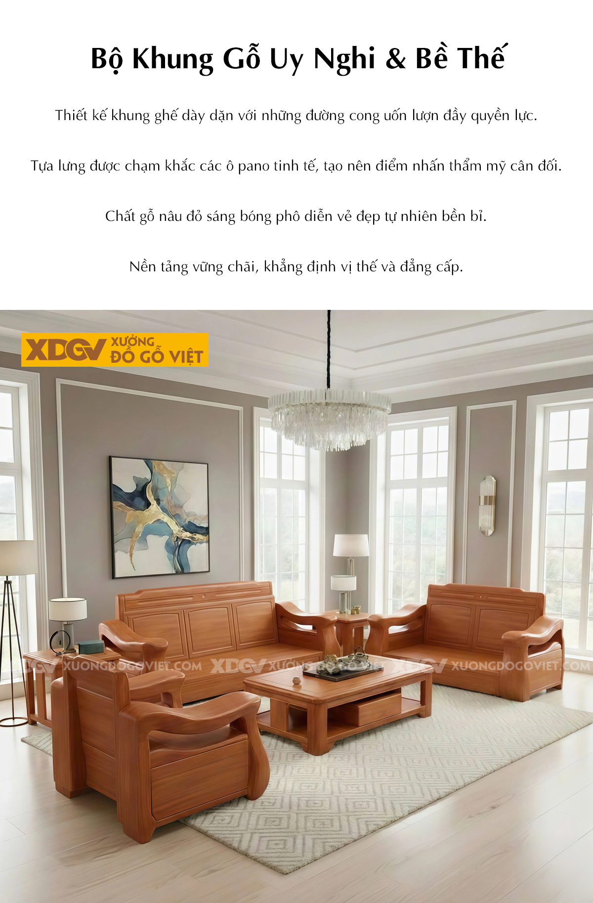 Bộ Bàn Ghế Sofa Gỗ Gõ Đỏ Thời Thượng Chân Ngắn Vững Chãi