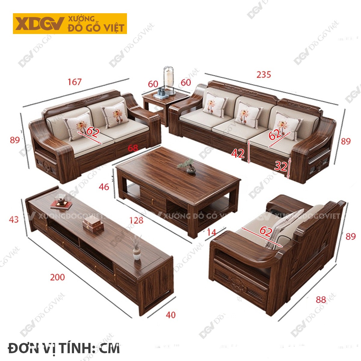Bộ Bàn Ghế Sofa Gỗ Óc Chó Cỡ Lớn 3 Món Tay 14cm Cho 6 Người