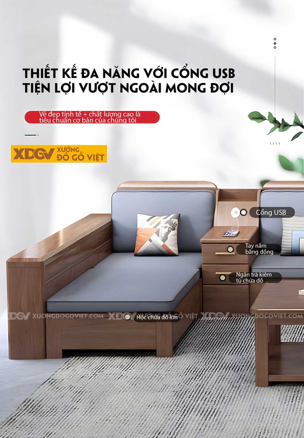 Bộ Bàn Ghế Sofa Sồi Thịt Góc L Tay Hộp Pano Có Ngăn Để Đồ