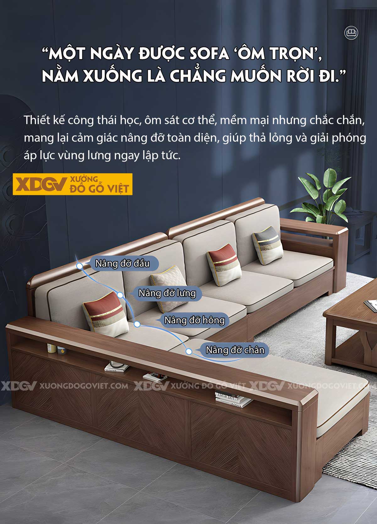 Bộ Bàn Ghế Sofa Sồi Thịt Góc L Tay Hộp Pano Có Ngăn Để Đồ