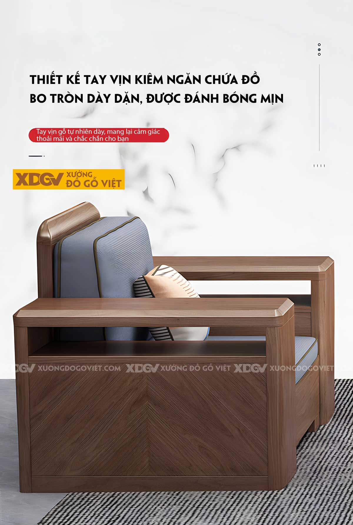 Bộ Bàn Ghế Sofa Sồi Thịt Góc L Tay Hộp Pano Có Ngăn Để Đồ