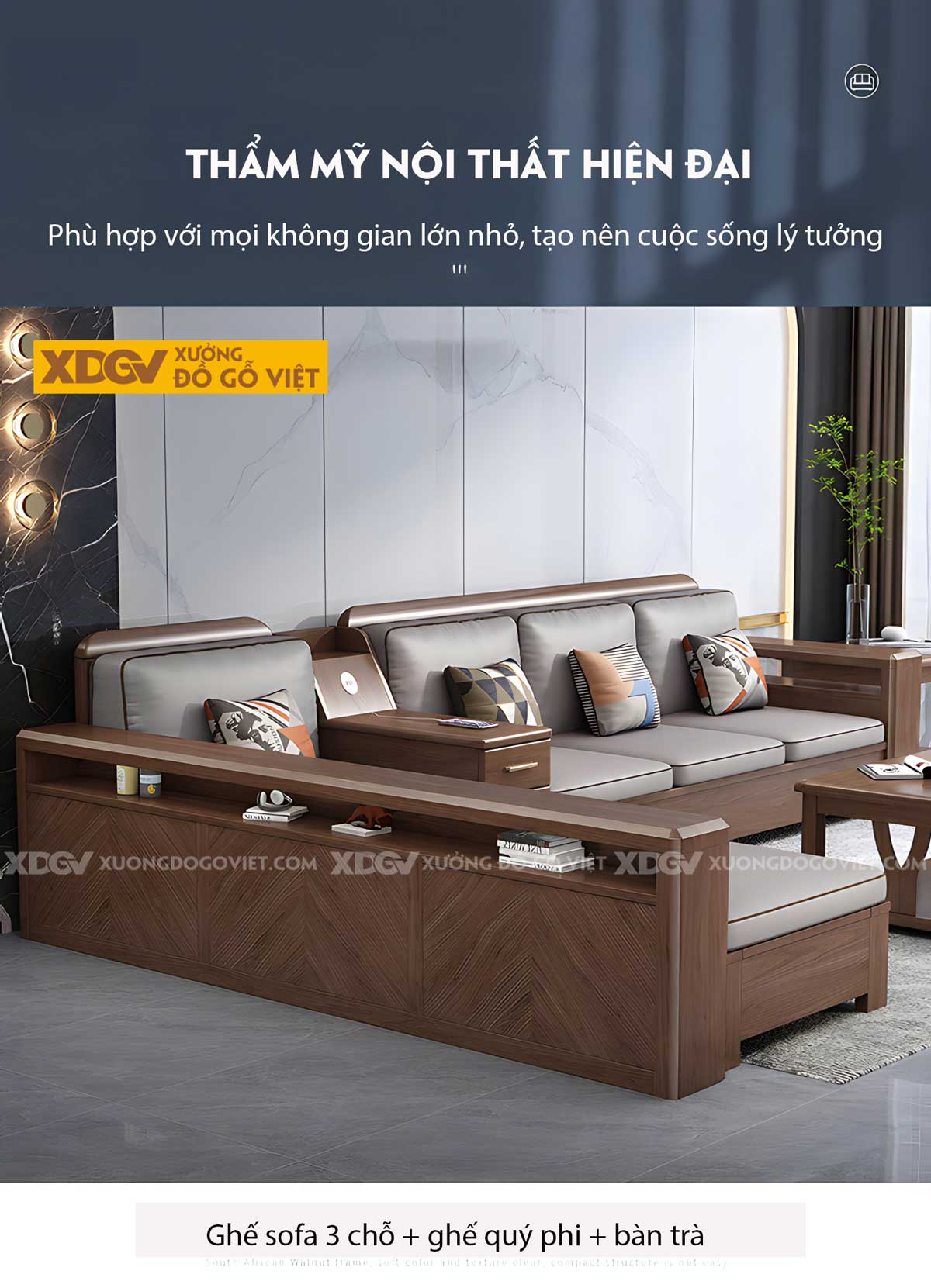 Bộ Bàn Ghế Sofa Sồi Thịt Góc L Tay Hộp Pano Có Ngăn Để Đồ