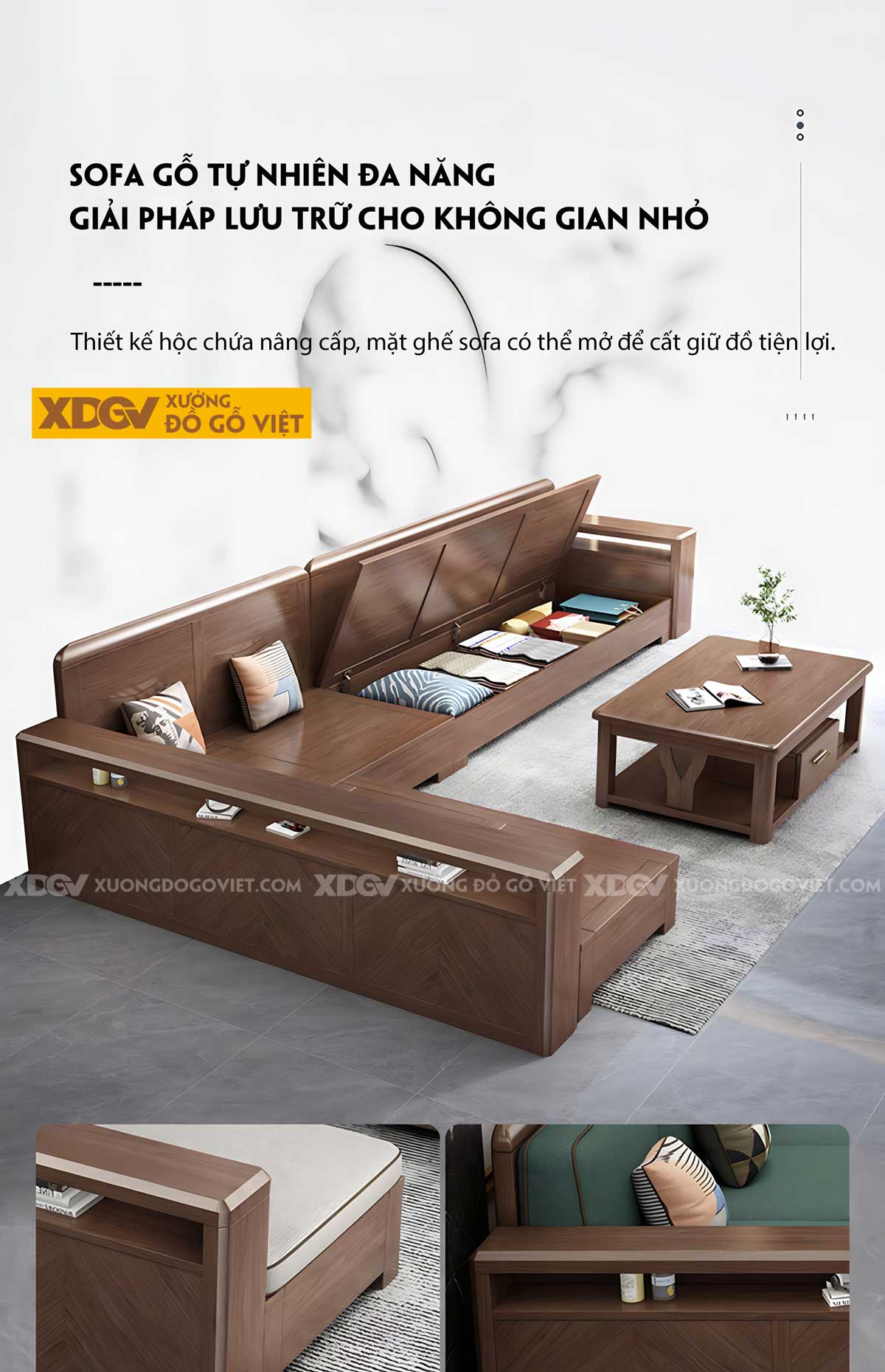 Bộ Bàn Ghế Sofa Sồi Thịt Góc L Tay Hộp Pano Có Ngăn Để Đồ
