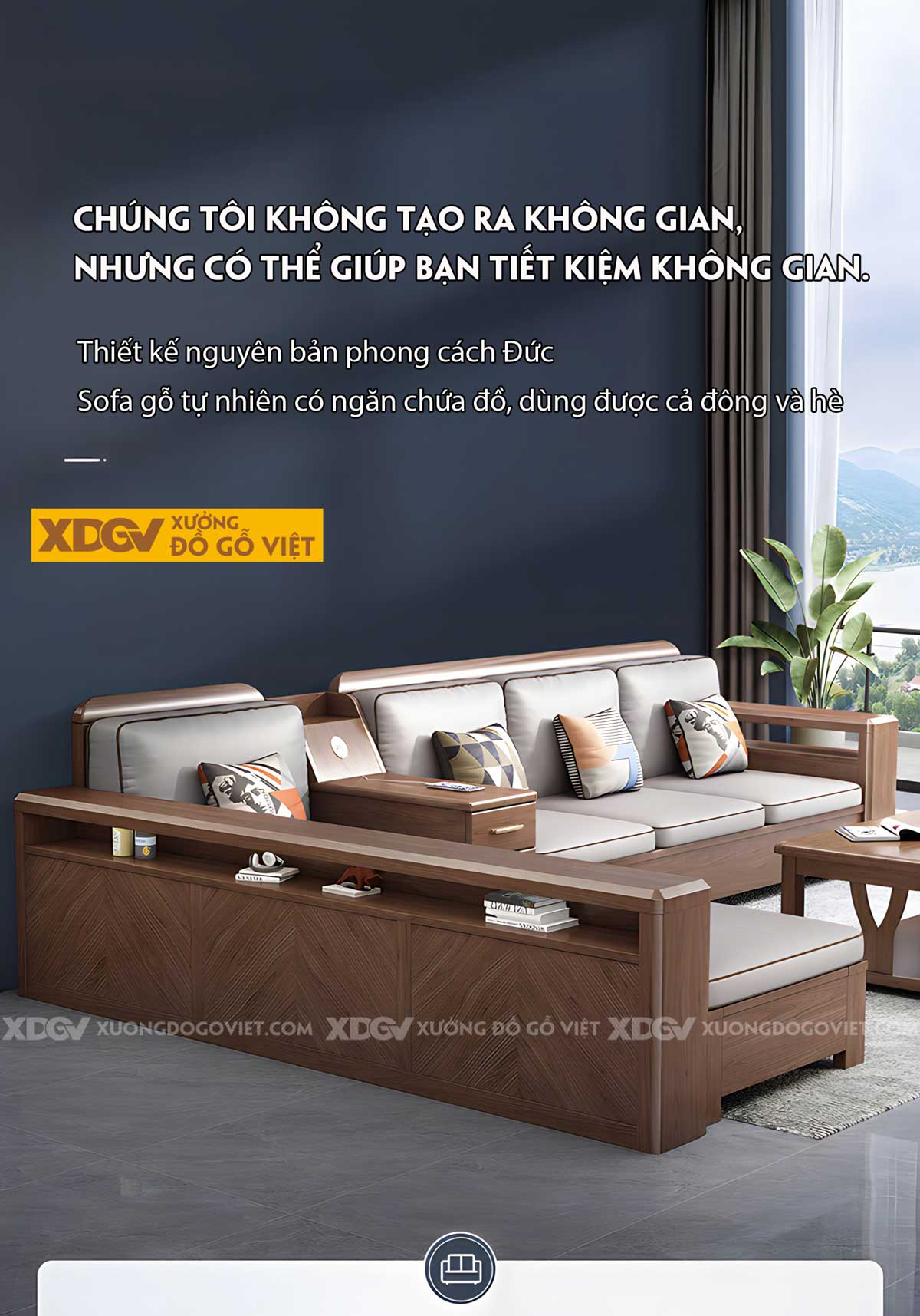 Bộ Bàn Ghế Sofa Sồi Thịt Góc L Tay Hộp Pano Có Ngăn Để Đồ