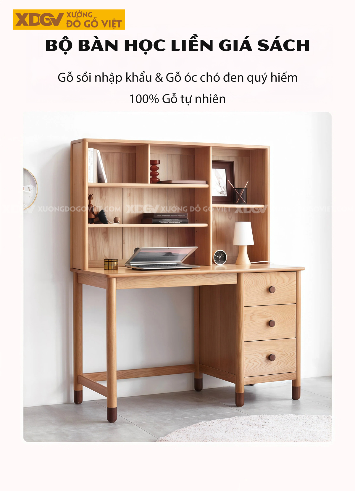 Bộ Bàn Học Liền Giá Sách Gỗ Sồi Mỹ Phong Cách Nhật Bản