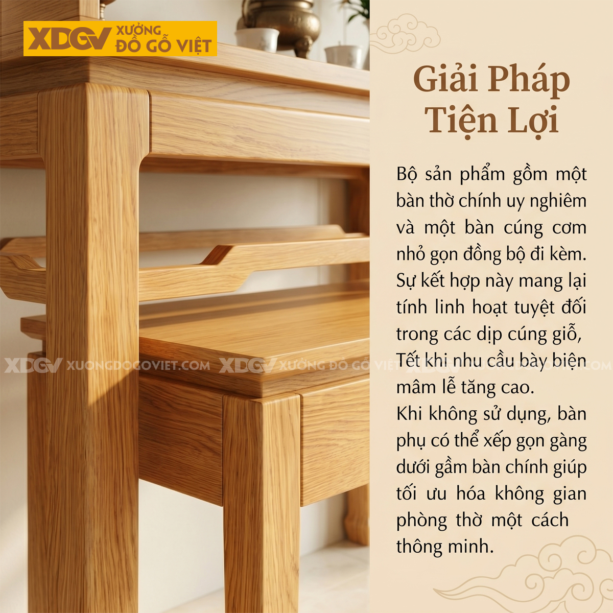 Bộ Bàn Thờ Mẹ Ôm Con Gỗ Sồi Thiết Kế Chân Móng Ngựa Thon Cao