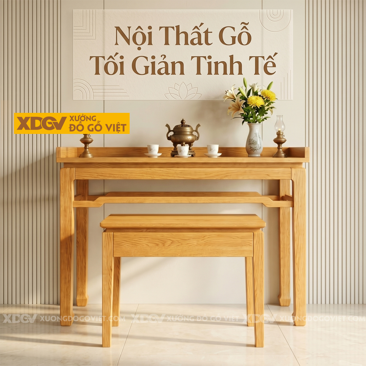 Bộ Bàn Thờ Mẹ Ôm Con Gỗ Sồi Thiết Kế Chân Móng Ngựa Thon Cao