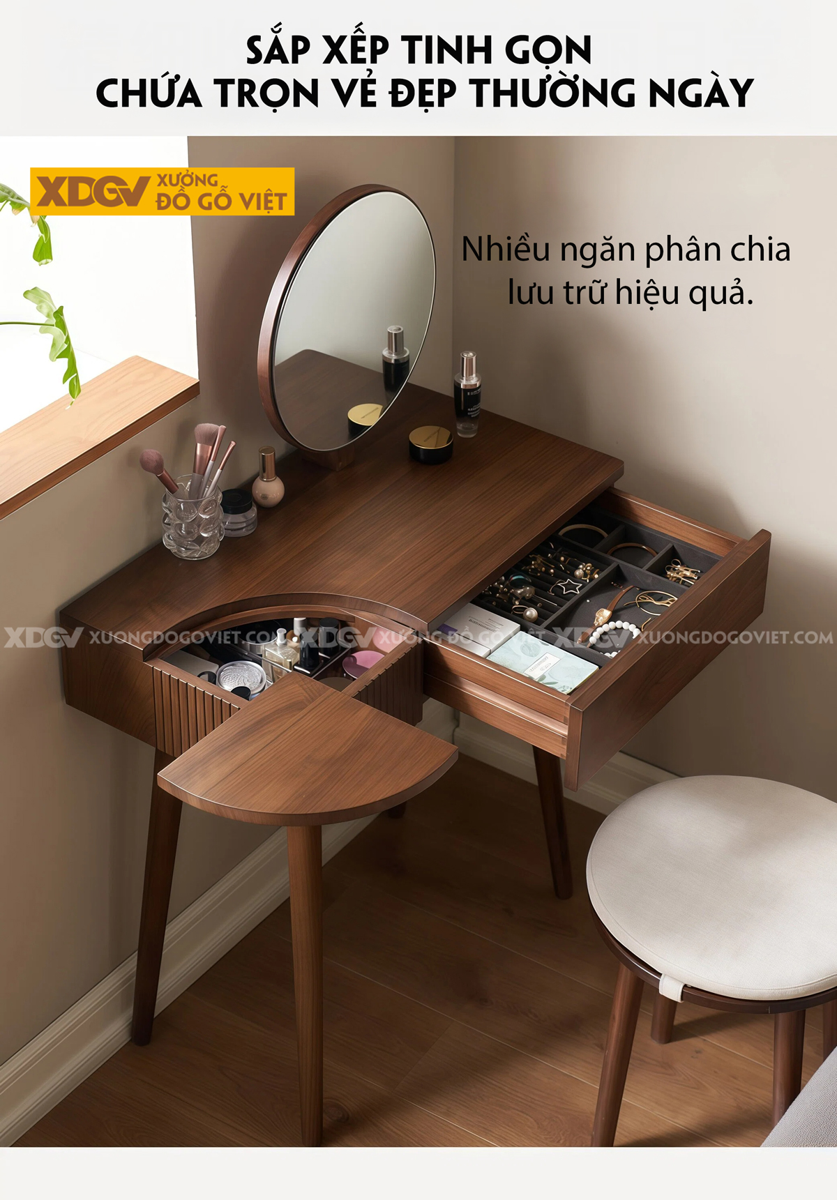 Bộ Bàn Trang Điểm Để Phòng Ngủ Gỗ Óc Chó Vách Nan Trang Trí