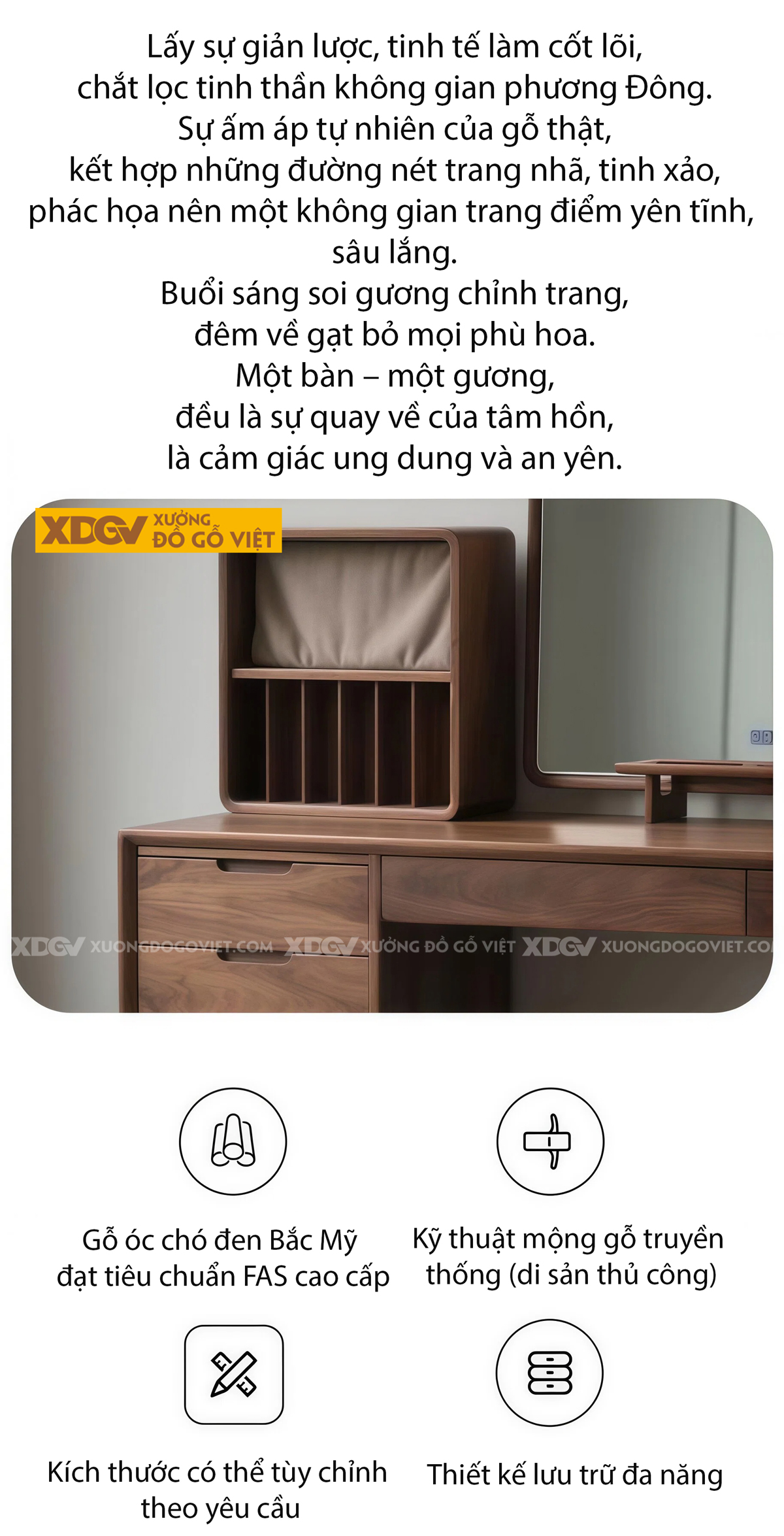 Bộ Bàn Trang Điểm Hiện Đại Gỗ Óc Chó Kết Hợp Piton Nâng Hạ