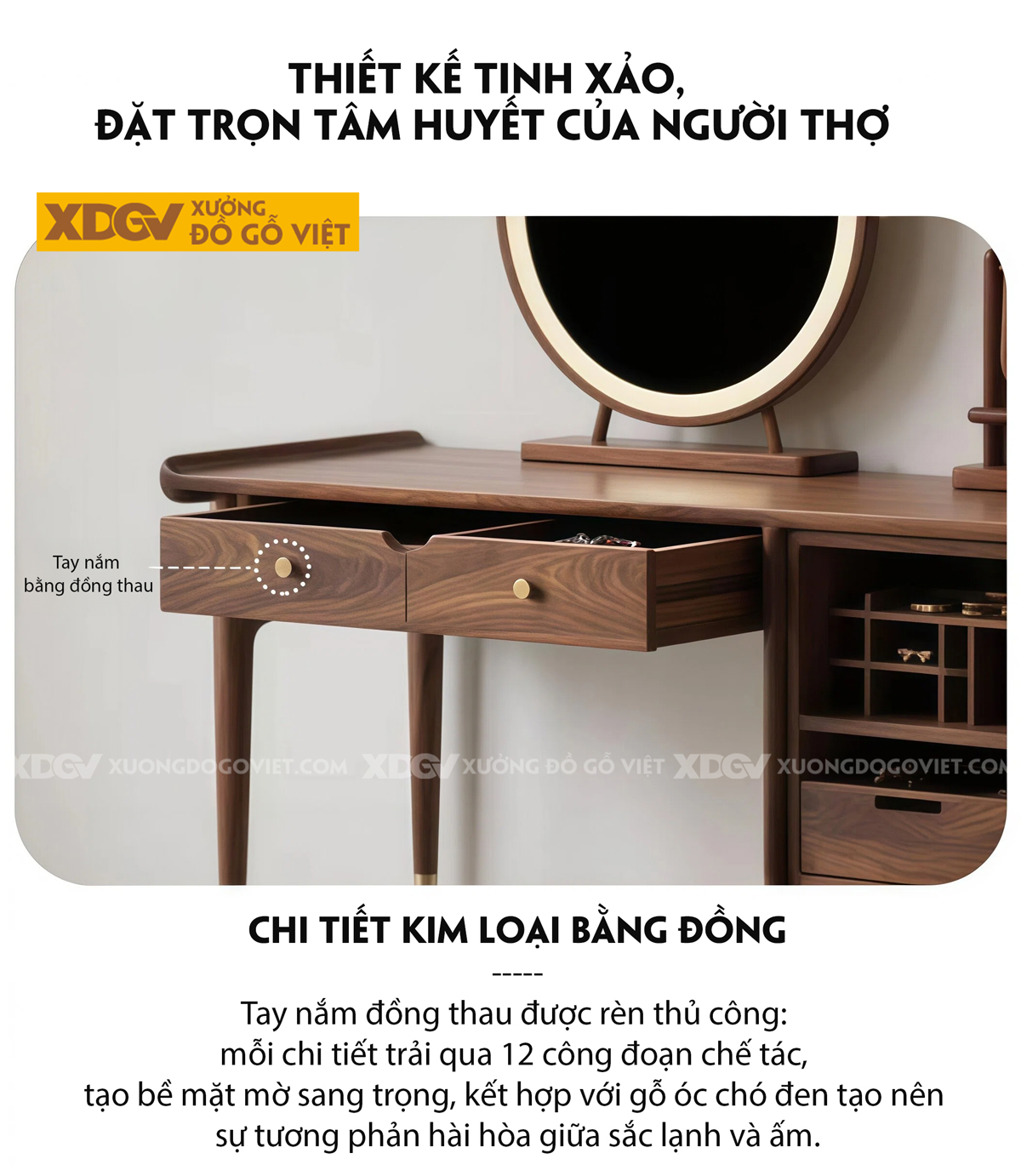 Bộ Bàn Trang Điểm Hiện Đại Gỗ Óc Chó Kết Hợp Piton Nâng Hạ