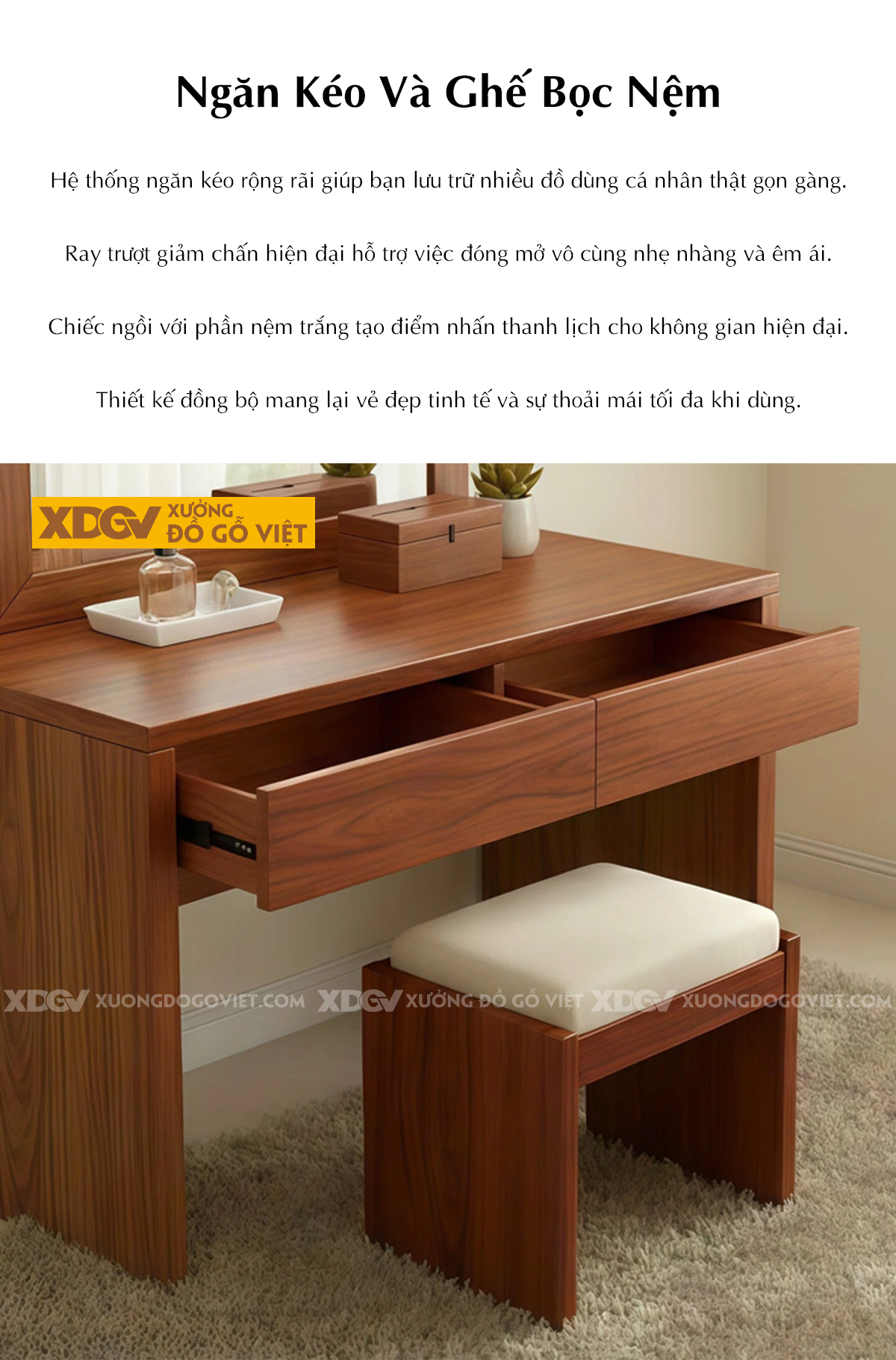 Bộ Bàn Trang Điểm Phòng Ngủ Gỗ Gõ Đỏ Cơ Chế Kéo Dài Cơ Động