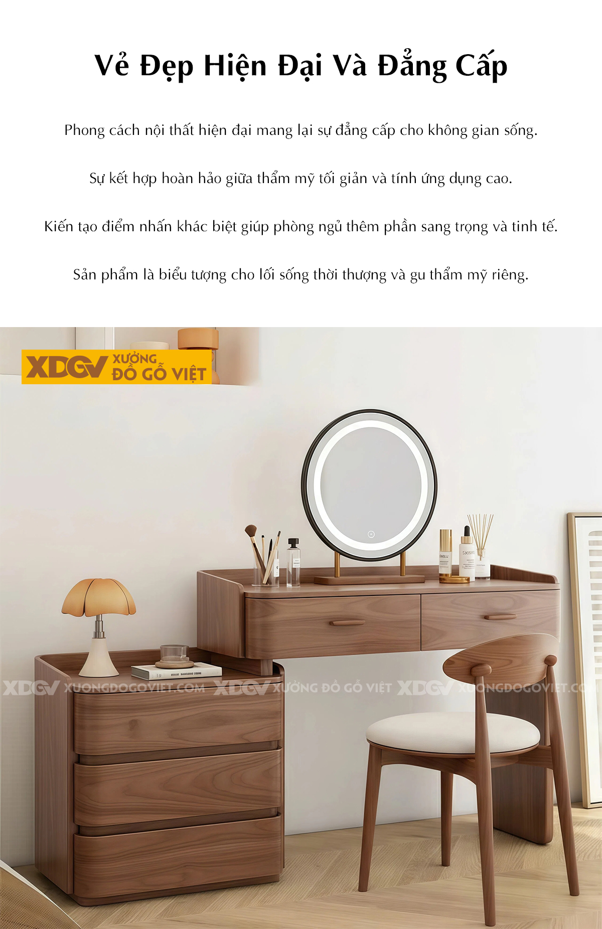 Bộ Bàn Trang Điểm Phòng Ngủ Gỗ Óc Chó Bố Cục Đa Tầng Phối Tủ