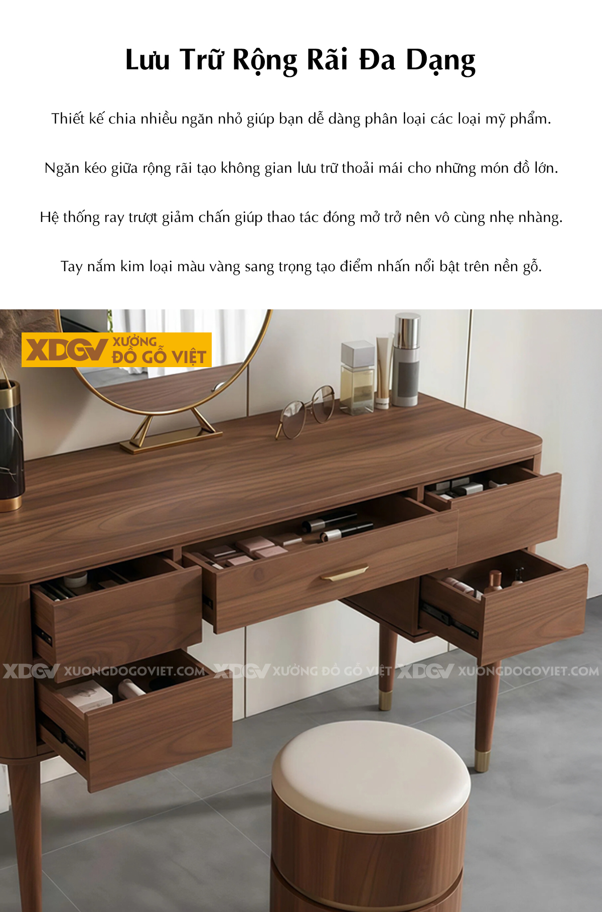 Bộ Bàn Trang Điểm Phòng Ngủ Gỗ Óc Chó Dáng Vuông Phối Gương