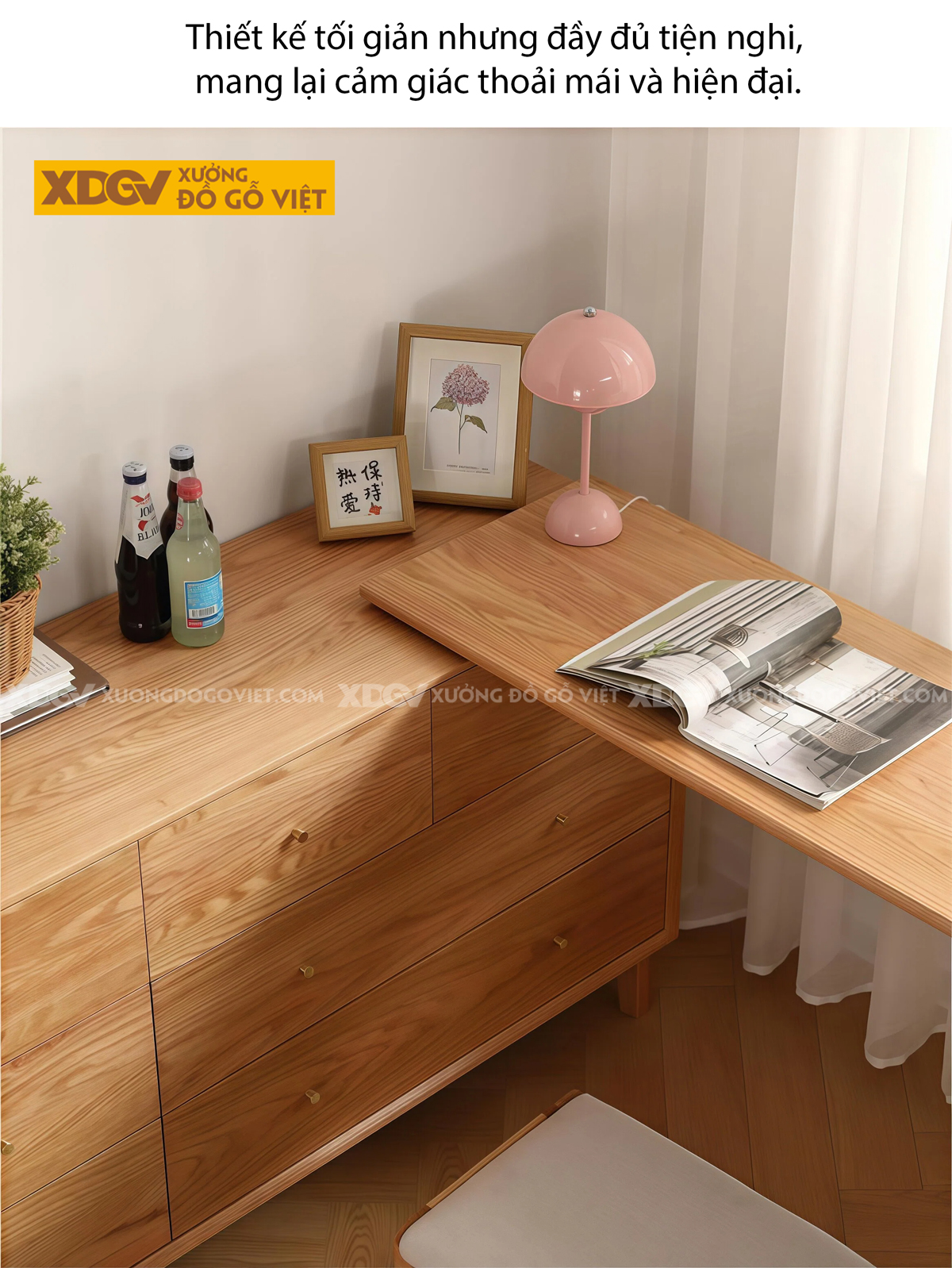 Bộ Bàn Trang Điểm Phòng Ngủ Gỗ Sồi Bo Góc Chân Côn Kèm Gương