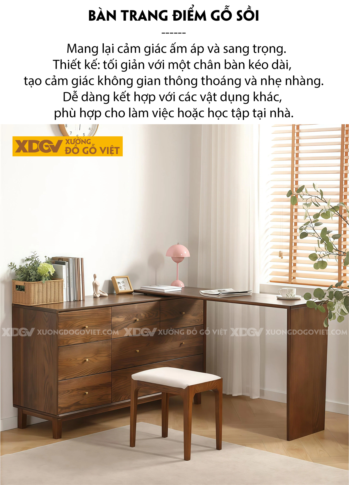 Bộ Bàn Trang Điểm Phòng Ngủ Gỗ Sồi Bo Góc Chân Côn Kèm Gương