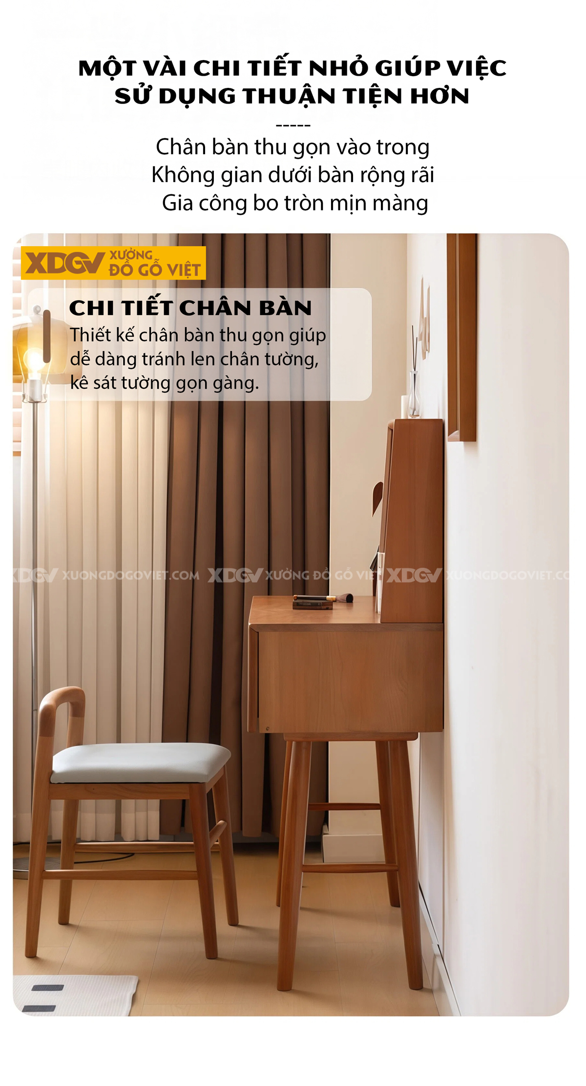 Bộ Bàn Trang Điểm Phòng Ngủ Gỗ Sồi Chân Cao Chữ H Phối Gương