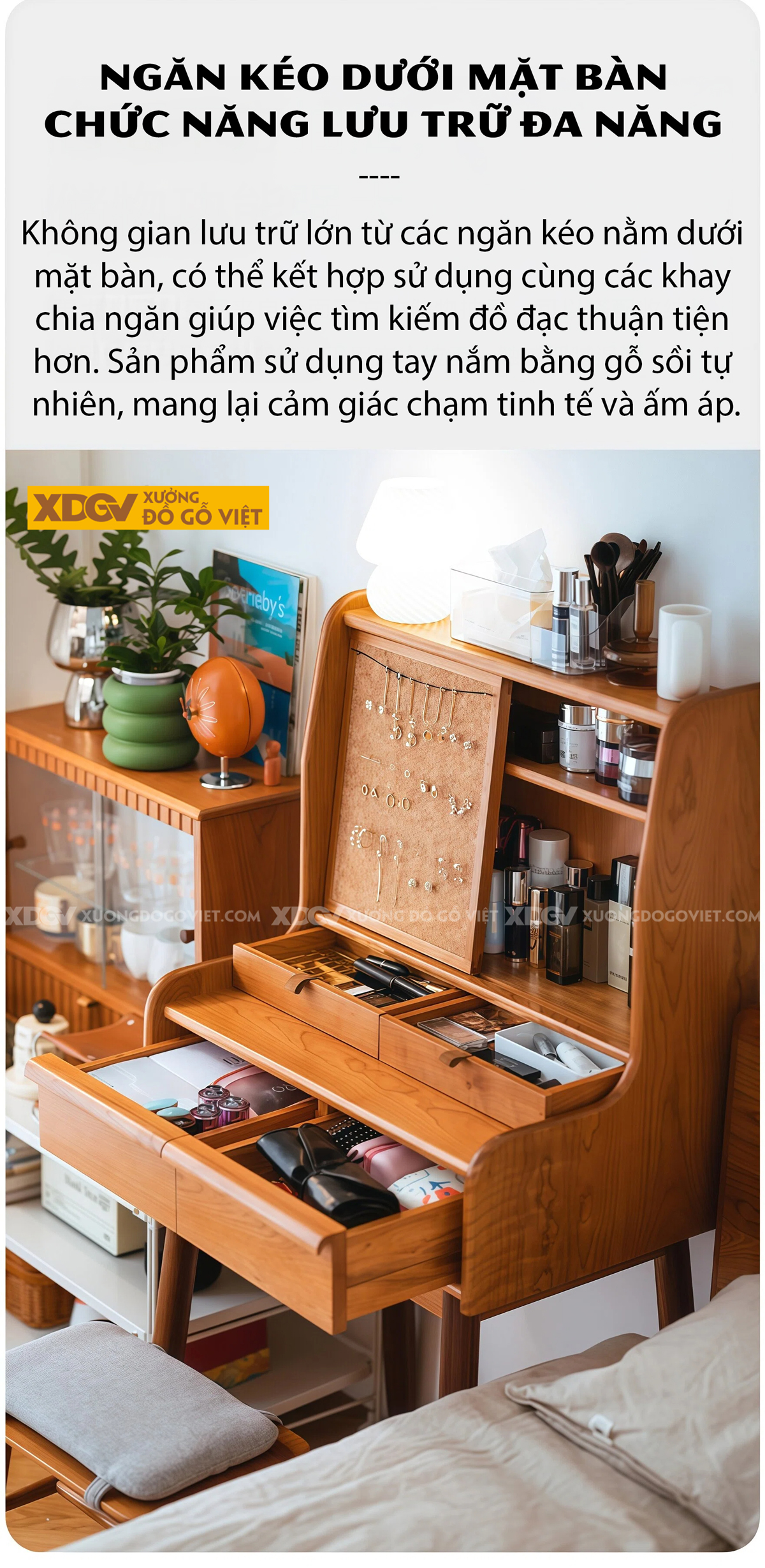 Bộ Bàn Trang Điểm Phòng Ngủ Gỗ Sồi Thiết Kế Đa Tầng Phối Tủ