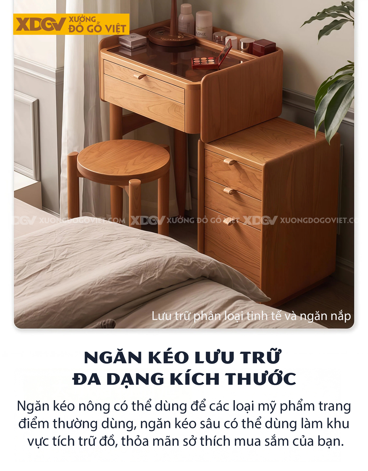 Bộ Bàn Trang Điểm Phòng Ngủ Gỗ Sồi Thiết Kế Đa Tầng Phối Tủ