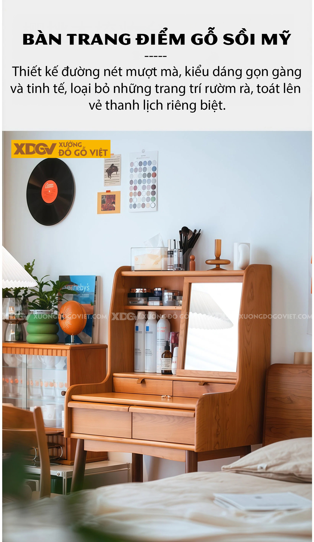 Bộ Bàn Trang Điểm Phòng Ngủ Gỗ Sồi Thiết Kế Đa Tầng Phối Tủ