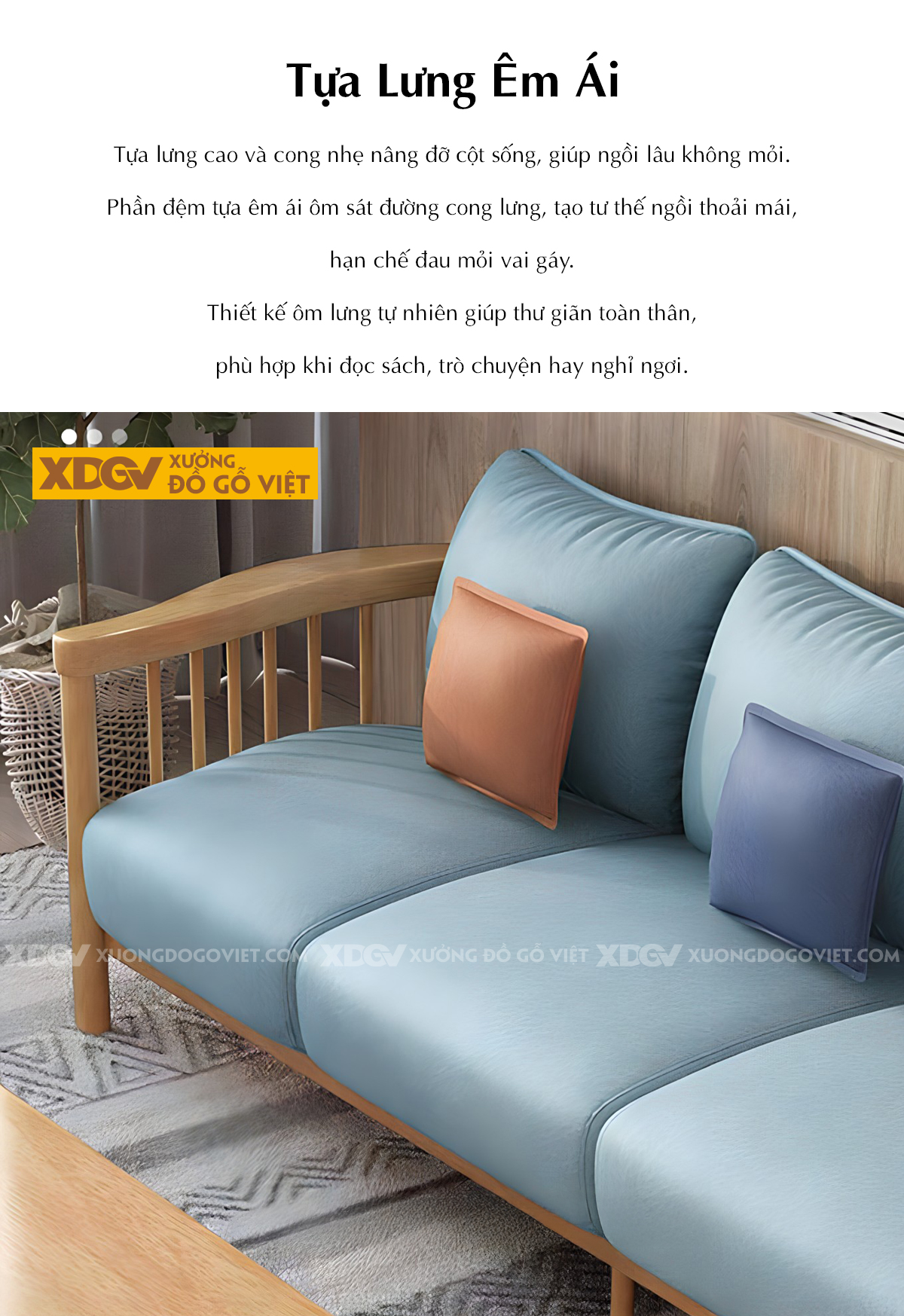 Bộ Ghế Sofa Gỗ Cao Su Tay Uốn Cong Thanh Nan Bọc Nệm Dày