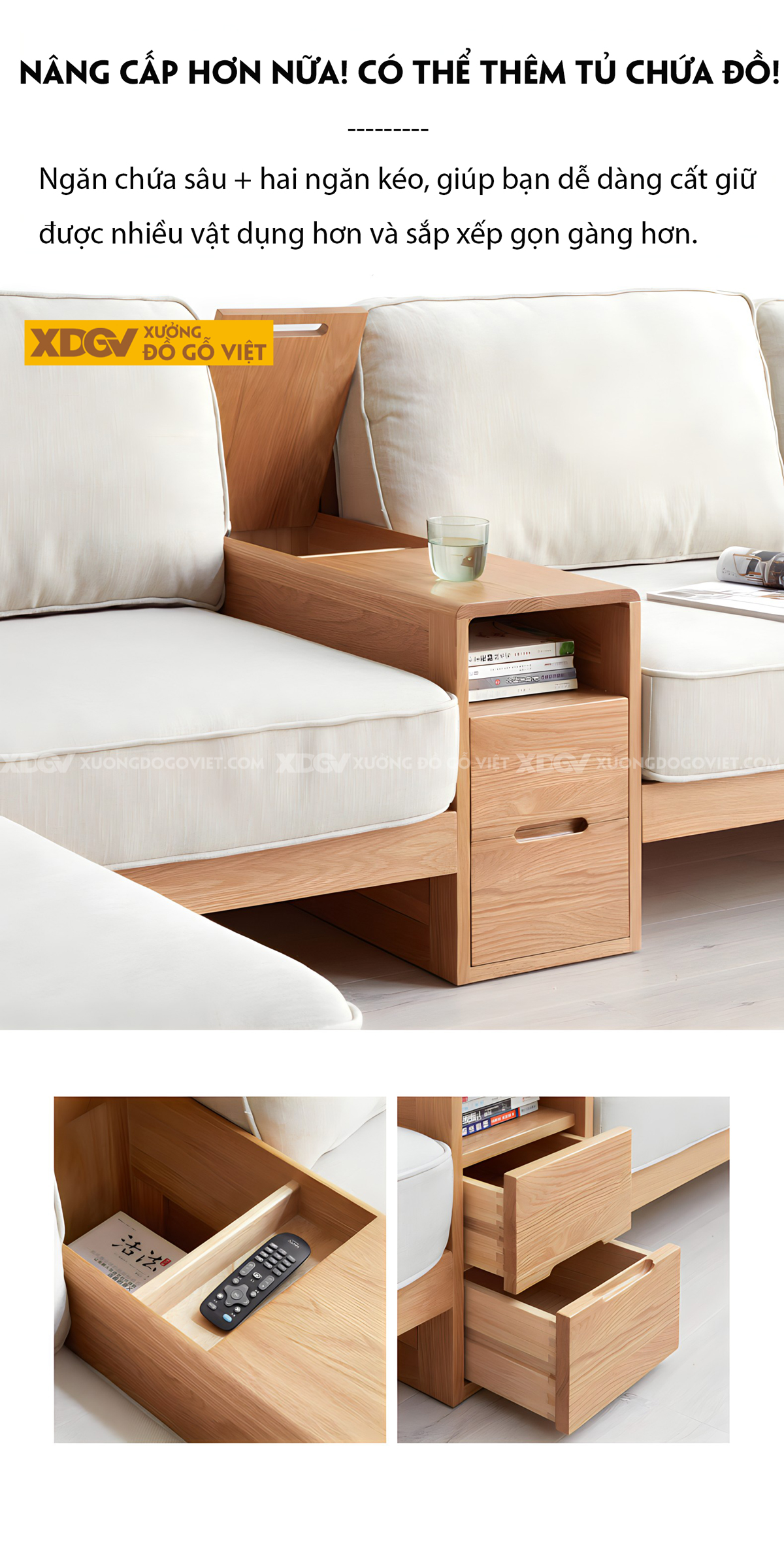 Bộ Ghế Sofa Phòng Khách Sồi Thịt Hiện Đại Tay Kẹp Ngăn Kéo