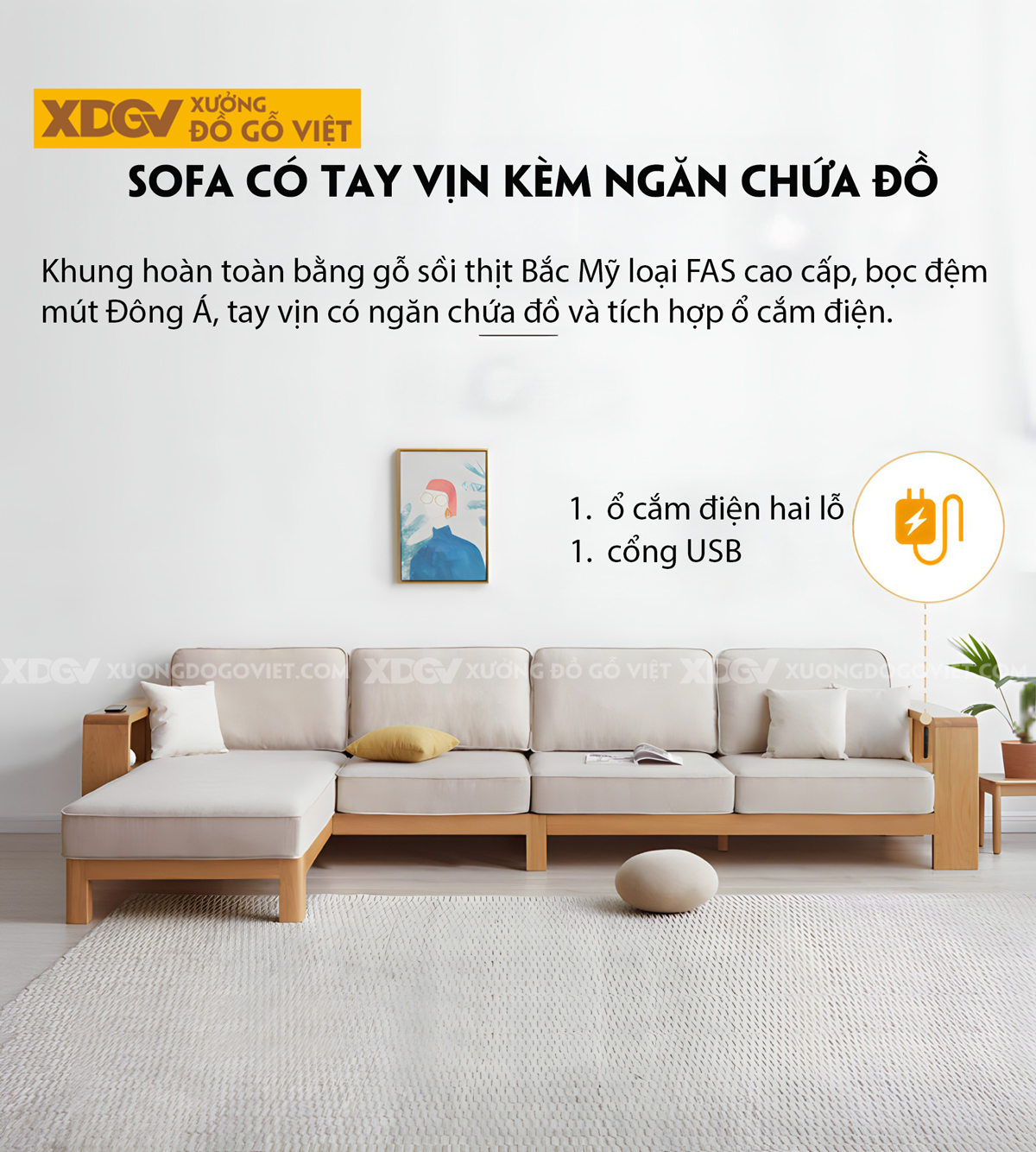 Bộ Ghế Sofa Phòng Khách Sồi Thịt Hiện Đại Tay Kẹp Ngăn Kéo