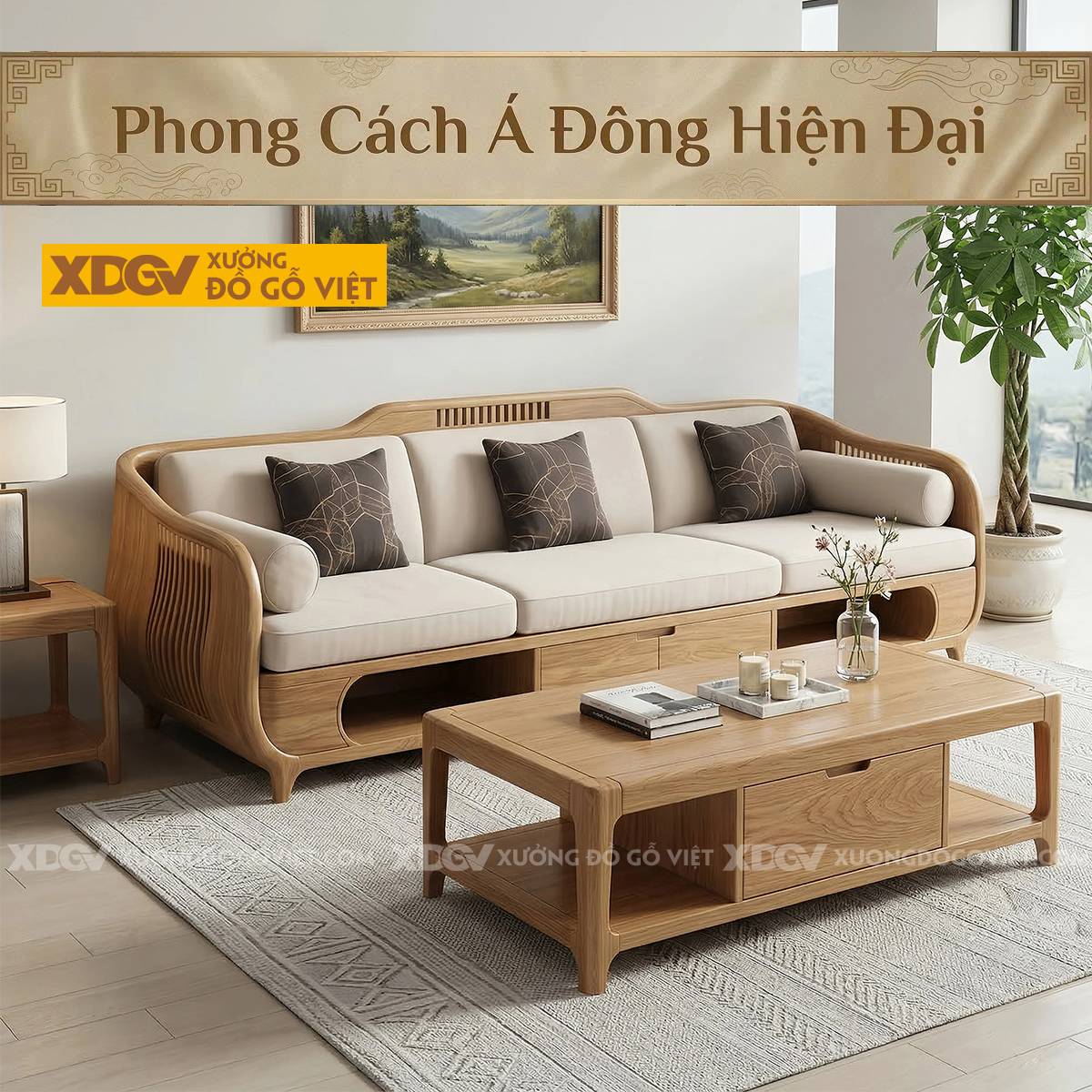 Bộ Sofa Á Đông Hiện Đại Gỗ Sồi Mỹ Dáng Uốn Lượn Nghệ Thuật