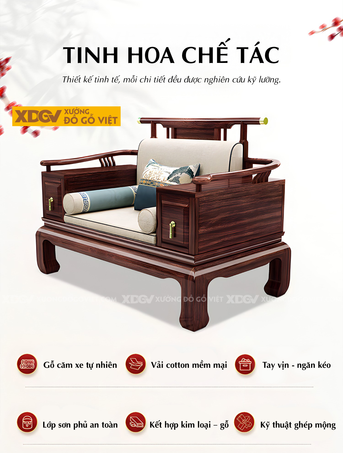 Bộ Sofa Căm Xe Phòng Khách Á Đông Chân Quỳ Sang Trọng