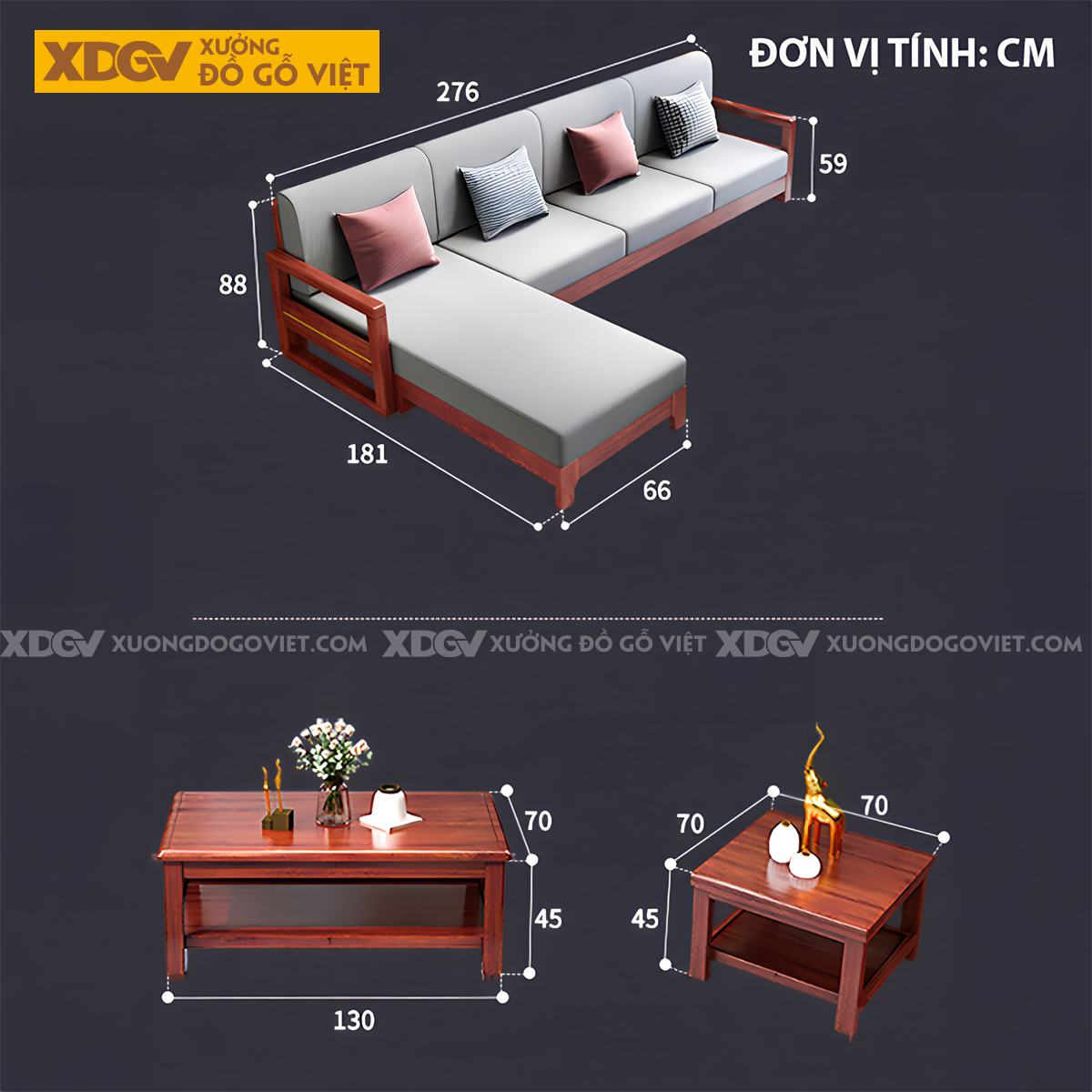 Bộ Sofa Căm Xe Phòng Khách Hiện Đại Chân Hộp Tựa Nan Gỗ
