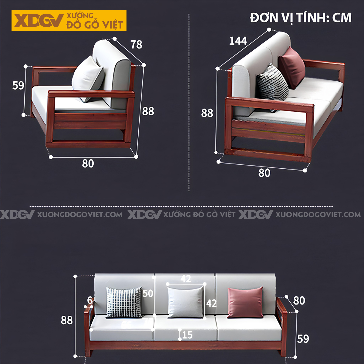 Bộ Sofa Căm Xe Phòng Khách Hiện Đại Chân Hộp Tựa Nan Gỗ