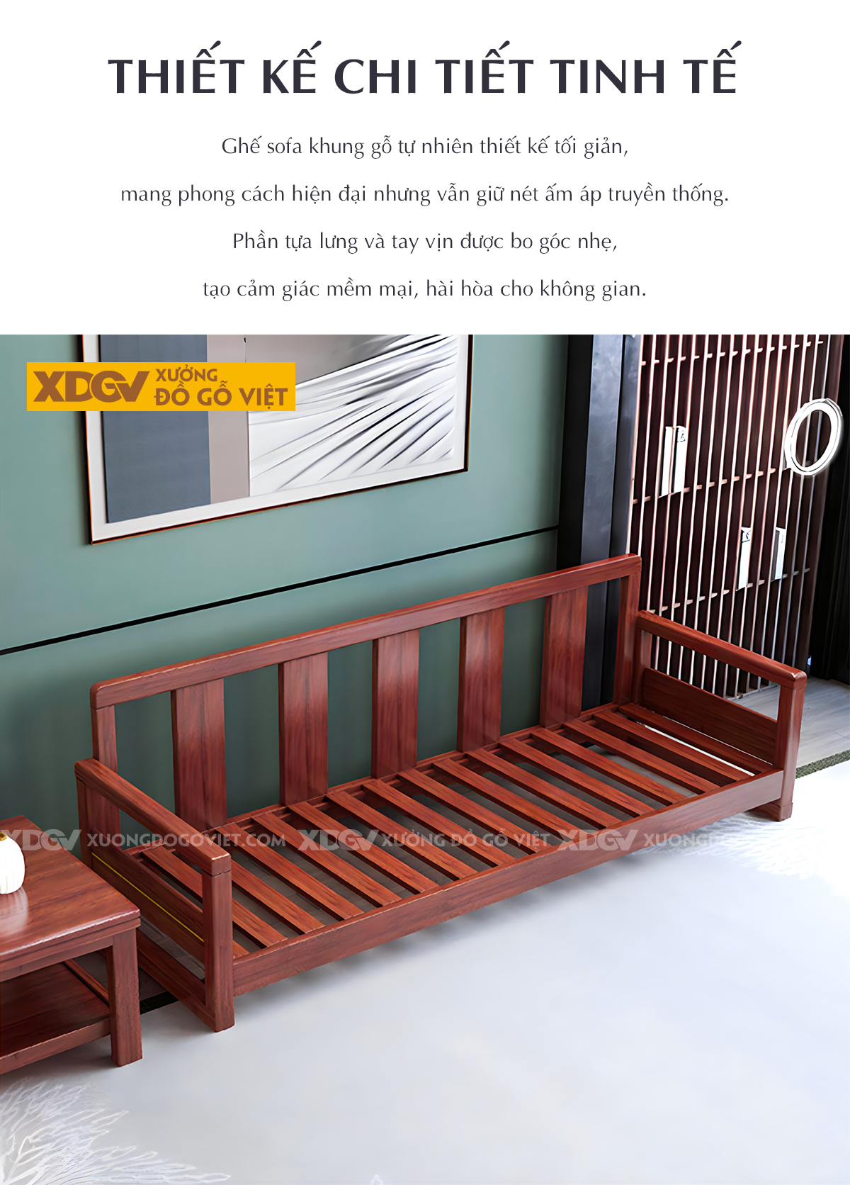 Bộ Sofa Căm Xe Phòng Khách Hiện Đại Chân Hộp Tựa Nan Gỗ