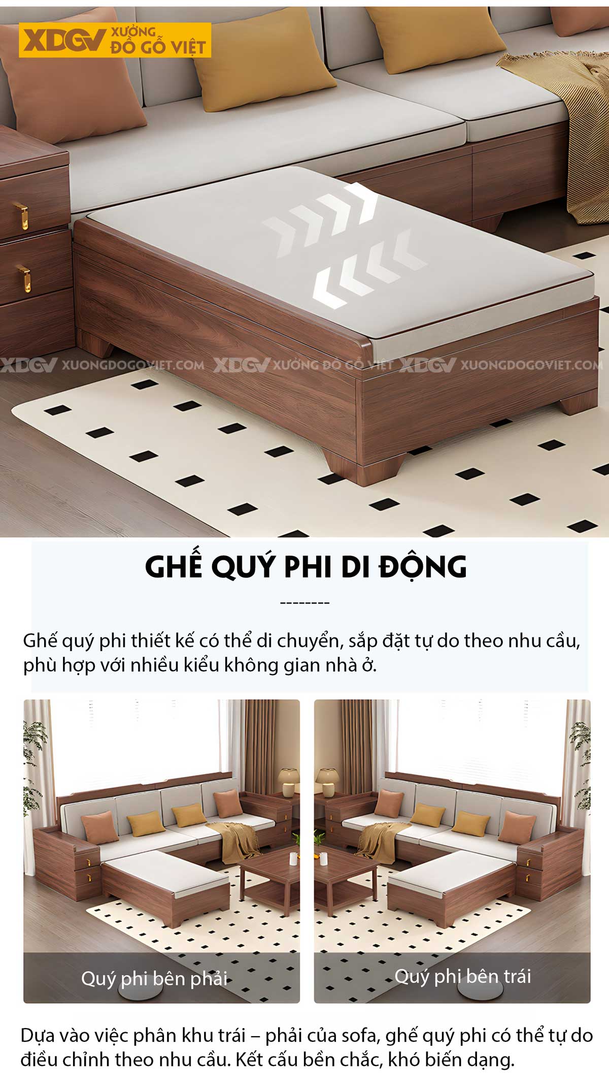 Bộ Sofa Gia Đình Gỗ Sồi Góc L Tay Vịn To Tích Hợp Ngăn Kéo