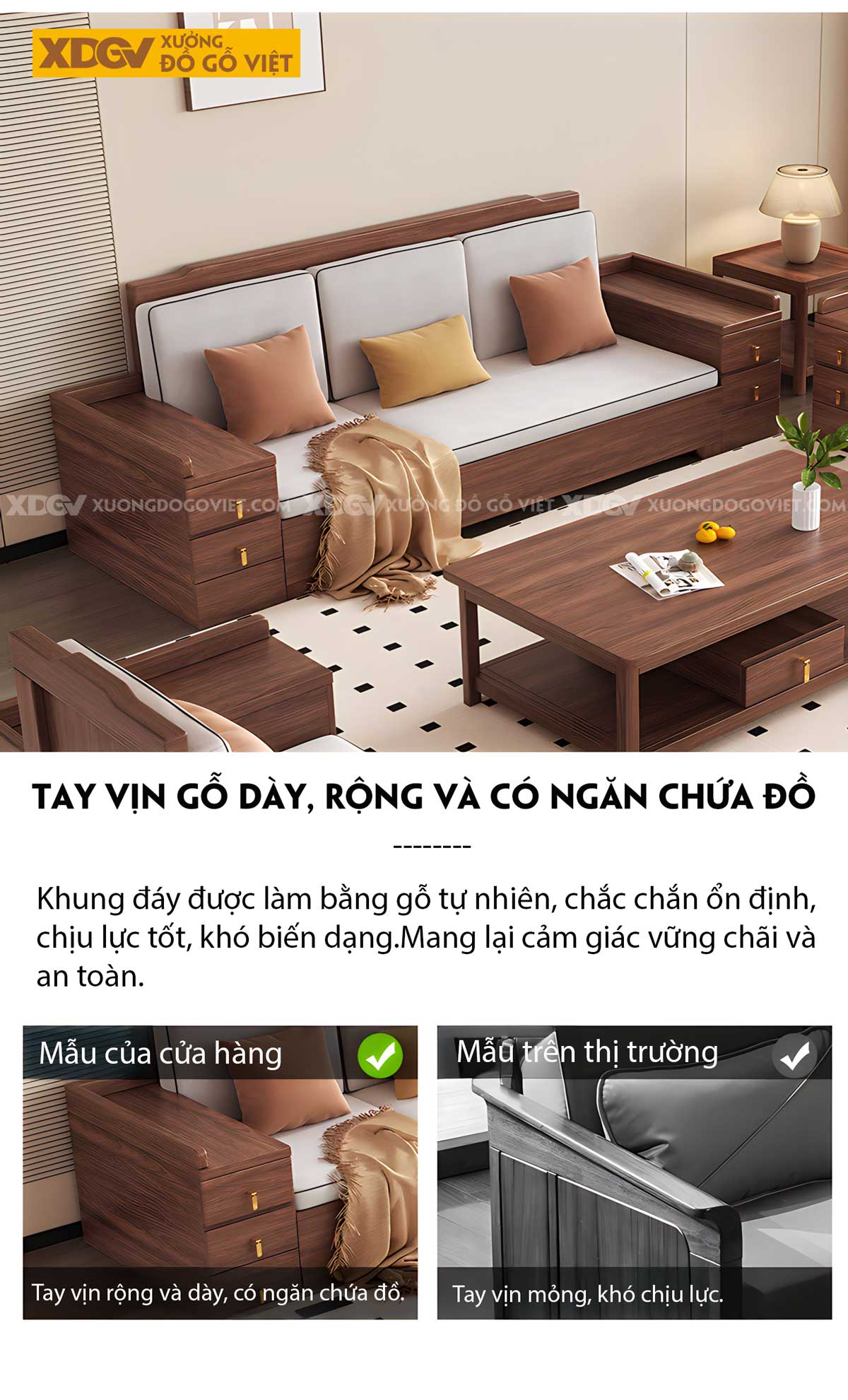 Bộ Sofa Gia Đình Gỗ Sồi Góc L Tay Vịn To Tích Hợp Ngăn Kéo