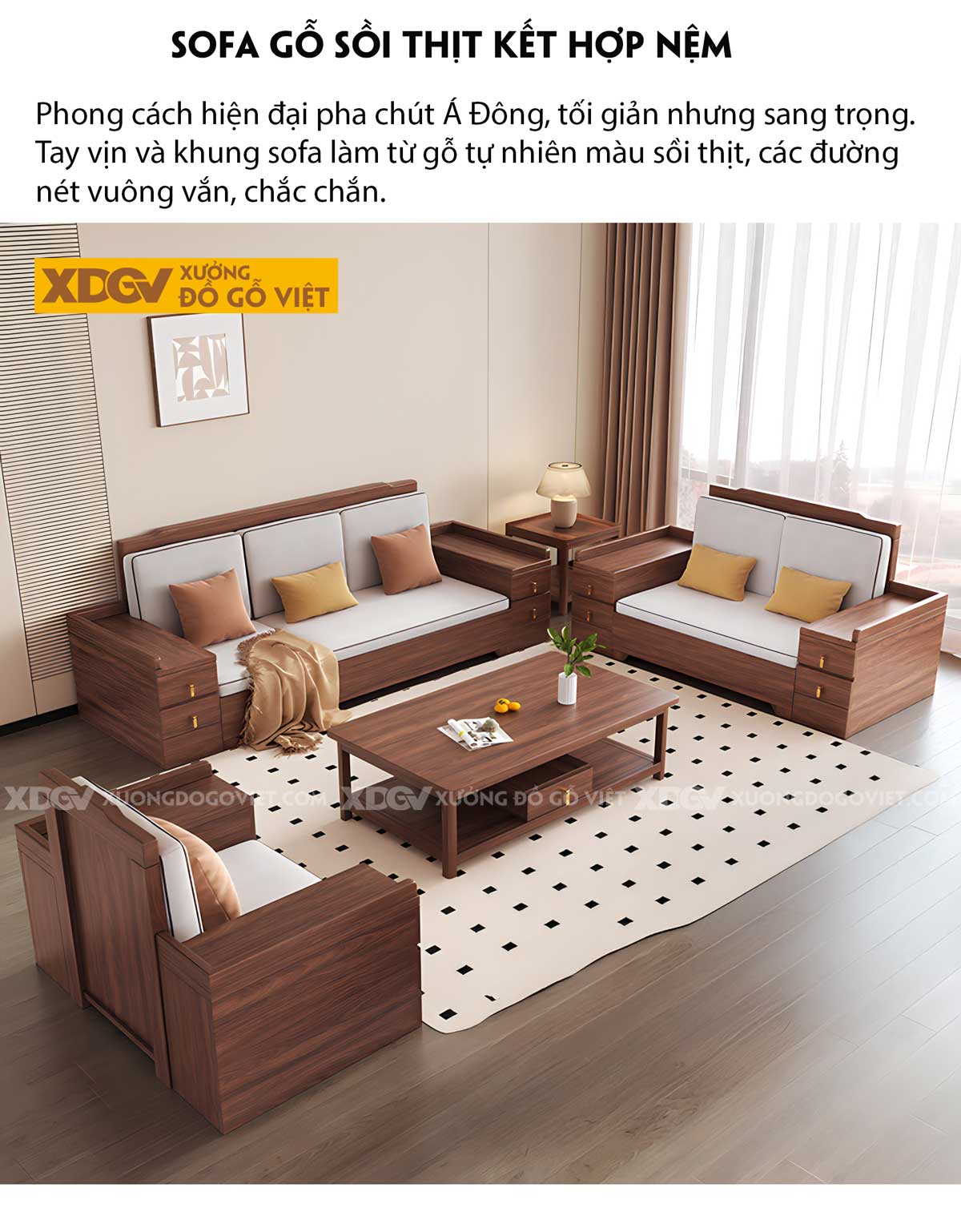 Bộ Sofa Gia Đình Gỗ Sồi Góc L Tay Vịn To Tích Hợp Ngăn Kéo